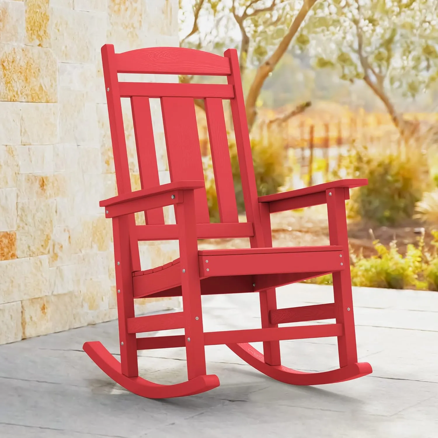 LUE BONA Outdoor Rocking Chairs Set of 2, HDPS Porch Rocker with High Back, Plastic Weather Resistant Rocking Chairs for Outdoor Indoor, Garden, Backyard, 350lb, Bright Red