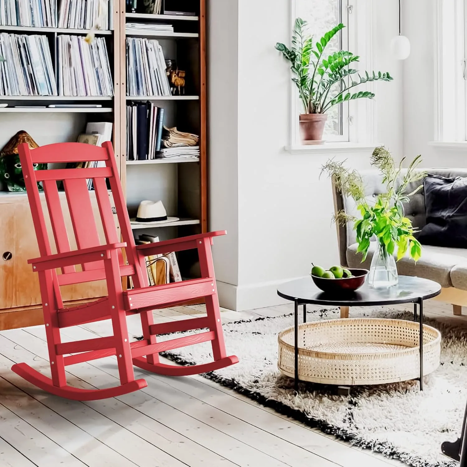 LUE BONA Outdoor Rocking Chairs Set of 2, HDPS Porch Rocker with High Back, Plastic Weather Resistant Rocking Chairs for Outdoor Indoor, Garden, Backyard, 350lb, Bright Red