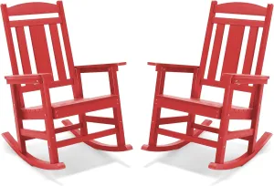 LUE BONA Outdoor Rocking Chairs Set of 2, HDPS Porch Rocker with High Back, Plastic Weather Resistant Rocking Chairs for Outdoor Indoor, Garden, Backyard, 350lb, Bright Red