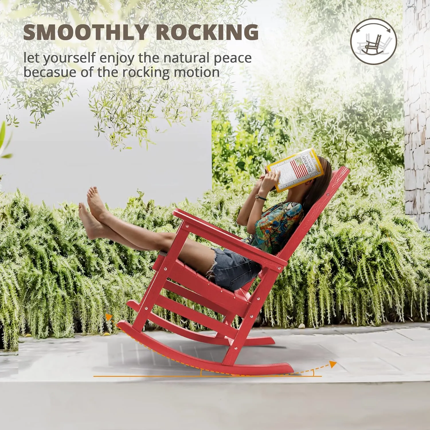 LUE BONA Outdoor Rocking Chairs Set of 2, HDPS Porch Rocker with High Back, Plastic Weather Resistant Rocking Chairs for Outdoor Indoor, Garden, Backyard, 350lb, Bright Red