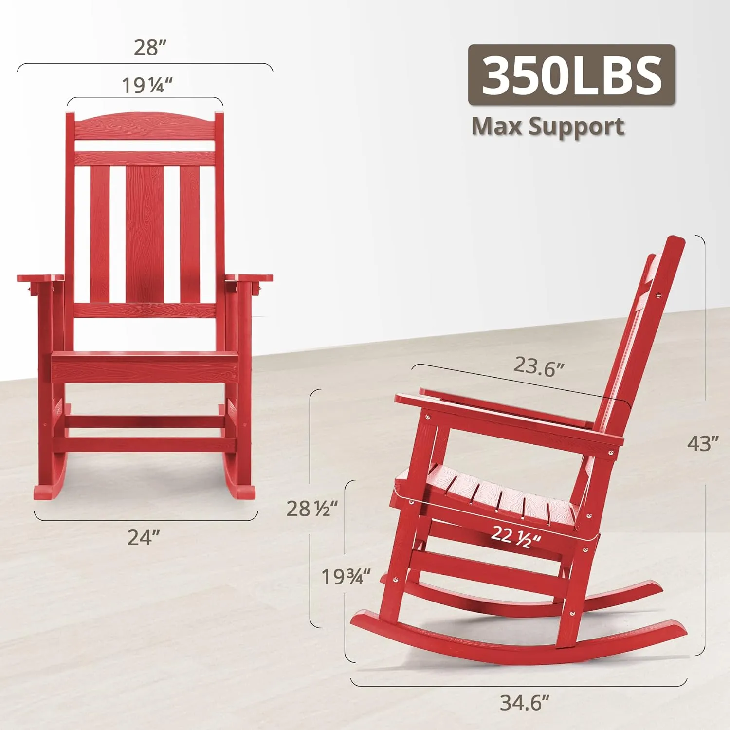 LUE BONA Outdoor Rocking Chairs Set of 2, HDPS Porch Rocker with High Back, Plastic Weather Resistant Rocking Chairs for Outdoor Indoor, Garden, Backyard, 350lb, Bright Red