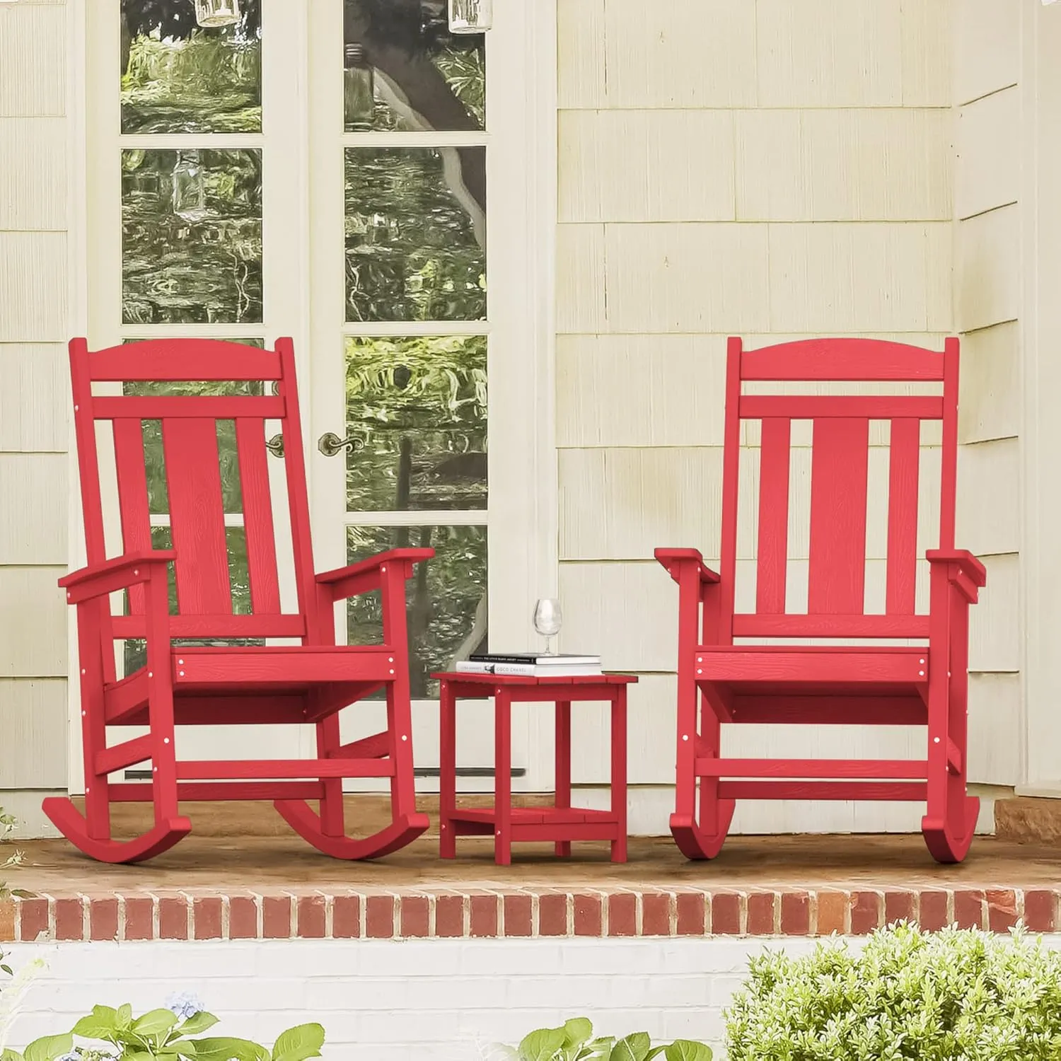 LUE BONA Outdoor Rocking Chairs Set of 2, HDPS Porch Rocker with High Back, Plastic Weather Resistant Rocking Chairs for Outdoor Indoor, Garden, Backyard, 350lb, Bright Red