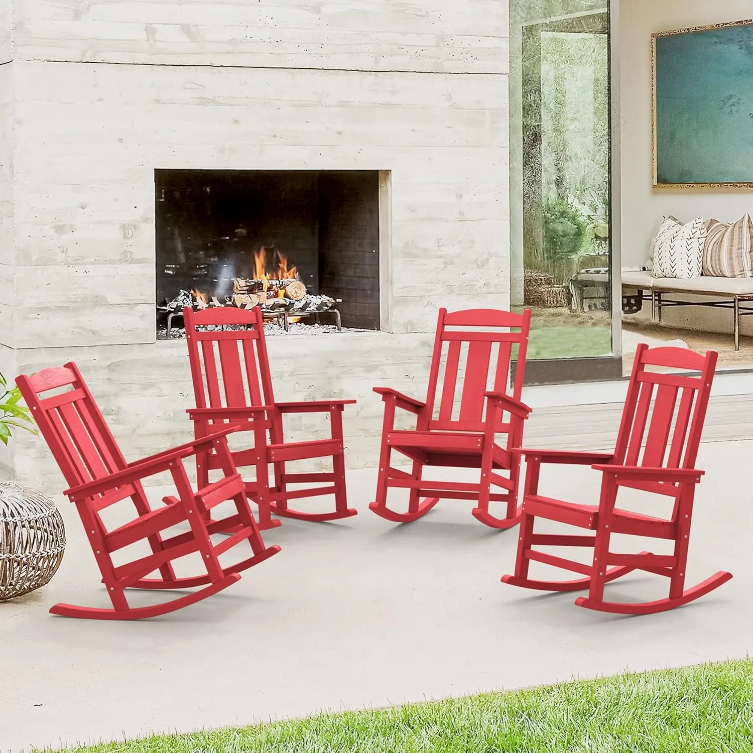 LUE BONA Outdoor Rocking Chairs Set of 2, HDPS Porch Rocker with High Back, Plastic Weather Resistant Rocking Chairs for Outdoor Indoor, Garden, Backyard, 350lb, Bright Red