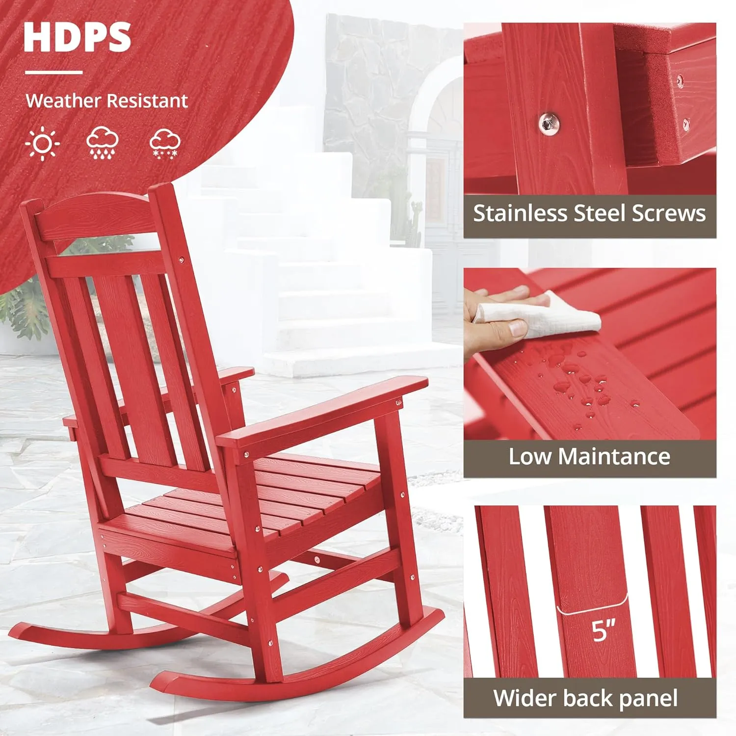 LUE BONA Outdoor Rocking Chairs Set of 2, HDPS Porch Rocker with High Back, Plastic Weather Resistant Rocking Chairs for Outdoor Indoor, Garden, Backyard, 350lb, Bright Red