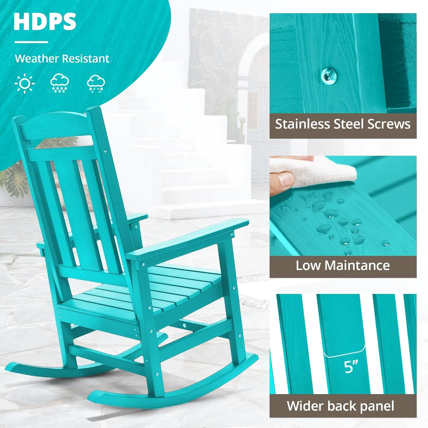 LUE BONA Outdoor Rocking Chairs Set of 2, HDPS Porch Rocker with High Back, Plastic Weather Resistant Rocking Chairs for Outdoor Indoor, Garden, Backyard, 350lb,Aruba Blue