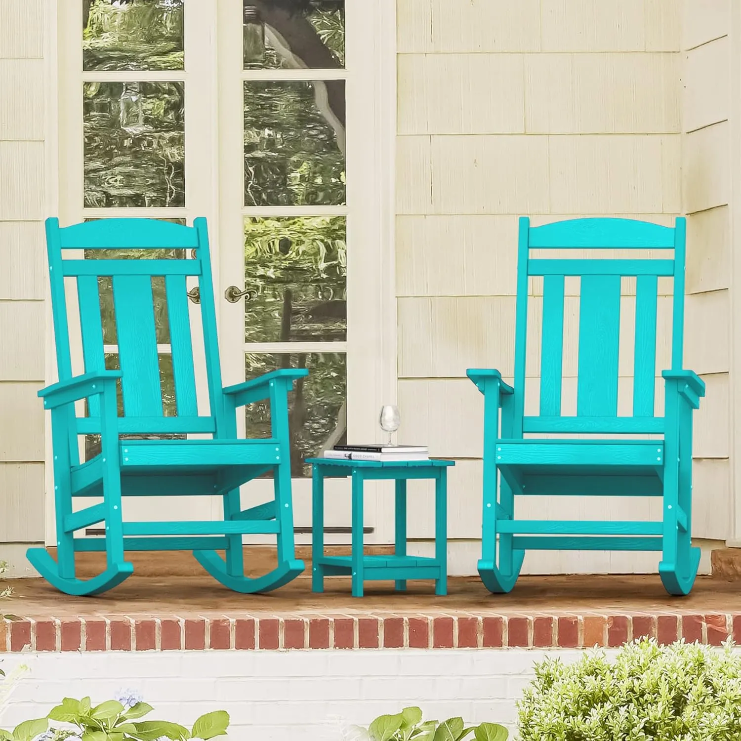 LUE BONA Outdoor Rocking Chairs Set of 2, HDPS Porch Rocker with High Back, Plastic Weather Resistant Rocking Chairs for Outdoor Indoor, Garden, Backyard, 350lb,Aruba Blue