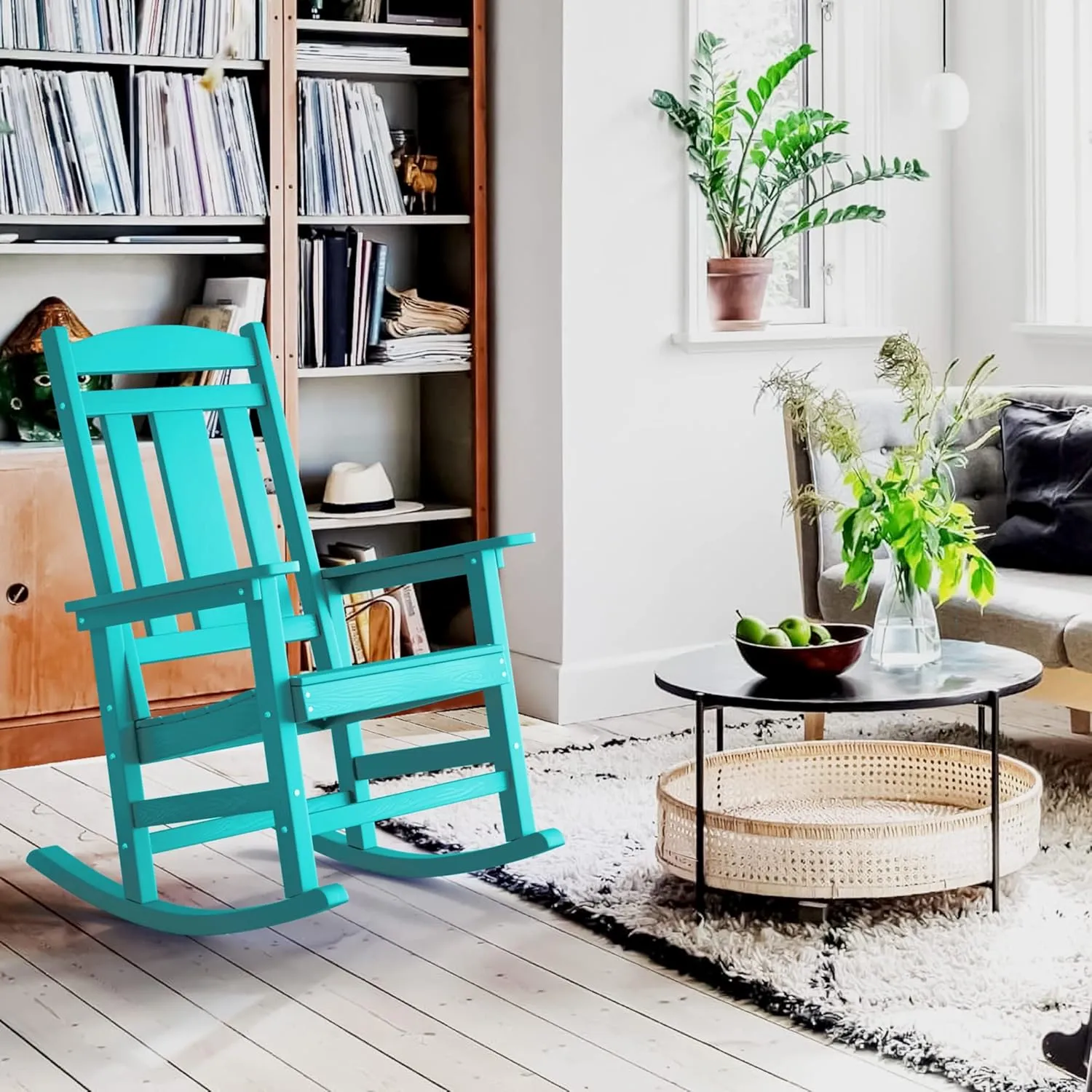 LUE BONA Outdoor Rocking Chairs Set of 2, HDPS Porch Rocker with High Back, Plastic Weather Resistant Rocking Chairs for Outdoor Indoor, Garden, Backyard, 350lb,Aruba Blue