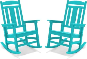 LUE BONA Outdoor Rocking Chairs Set of 2, HDPS Porch Rocker with High Back, Plastic Weather Resistant Rocking Chairs for Outdoor Indoor, Garden, Backyard, 350lb,Aruba Blue