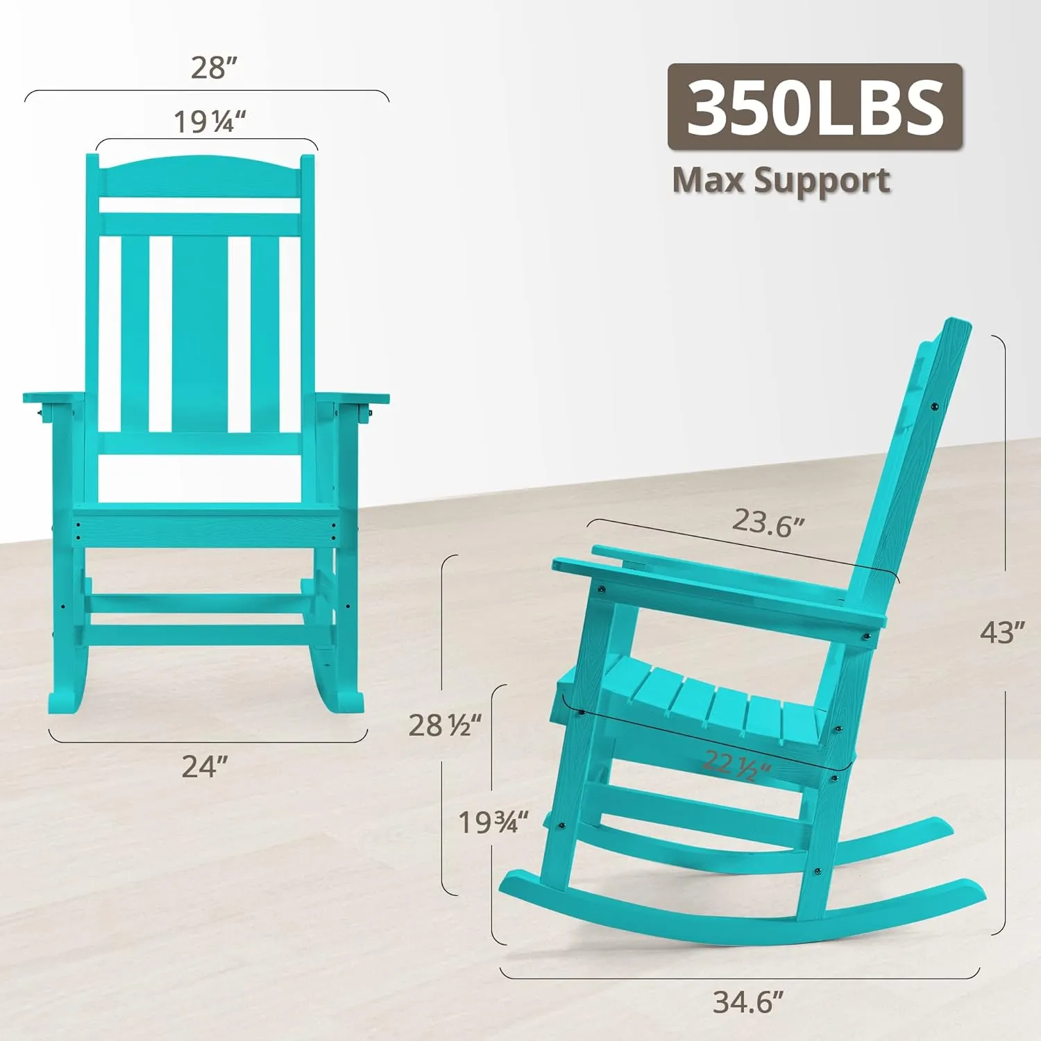 LUE BONA Outdoor Rocking Chairs Set of 2, HDPS Porch Rocker with High Back, Plastic Weather Resistant Rocking Chairs for Outdoor Indoor, Garden, Backyard, 350lb,Aruba Blue