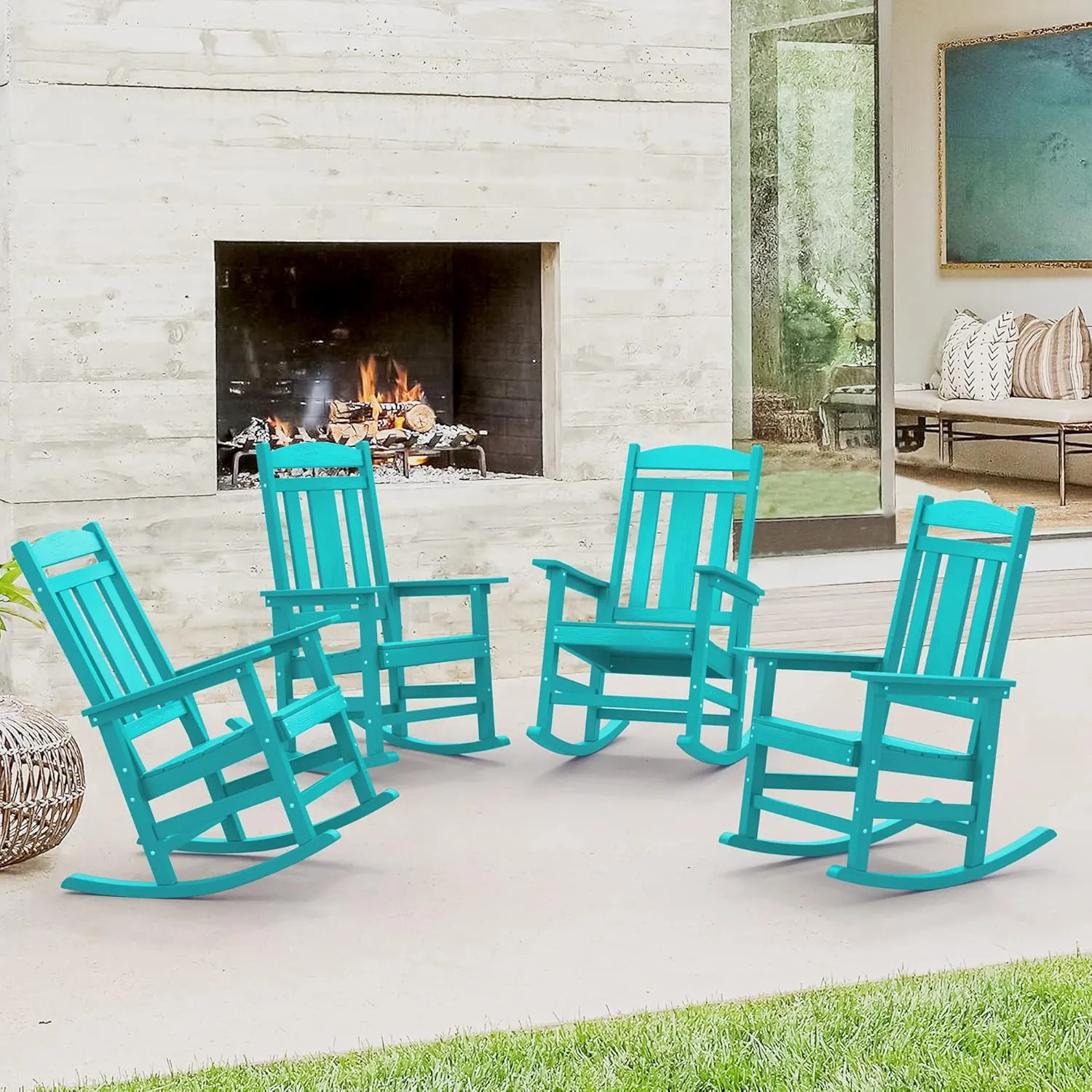 LUE BONA Outdoor Rocking Chairs Set of 2, HDPS Porch Rocker with High Back, Plastic Weather Resistant Rocking Chairs for Outdoor Indoor, Garden, Backyard, 350lb,Aruba Blue