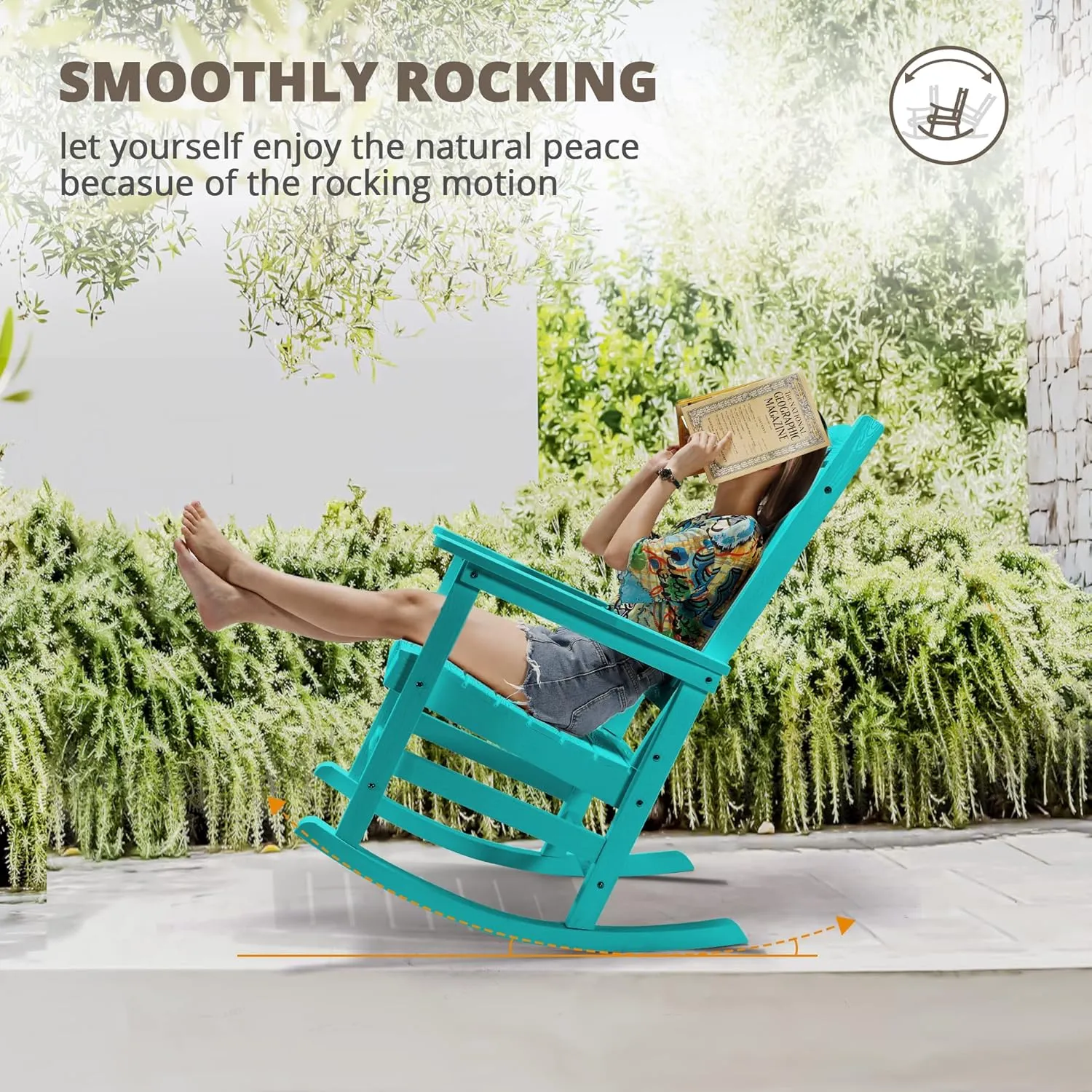 LUE BONA Outdoor Rocking Chairs Set of 2, HDPS Porch Rocker with High Back, Plastic Weather Resistant Rocking Chairs for Outdoor Indoor, Garden, Backyard, 350lb,Aruba Blue