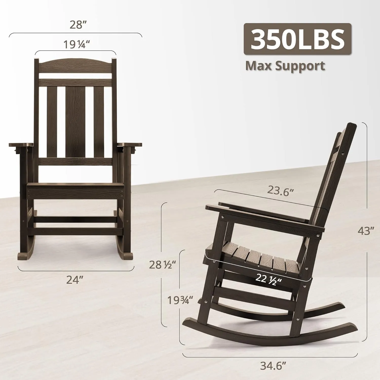 LUE BONA Outdoor Rocking Chairs Set of 2, Weather Resistant HDPS Poly Rocker Chairs, 350lb Heavy Duty, Oversized Porch Rocker for Adult, High Back Smooth Rocking Chair for Outdoor & Indoor, Brown