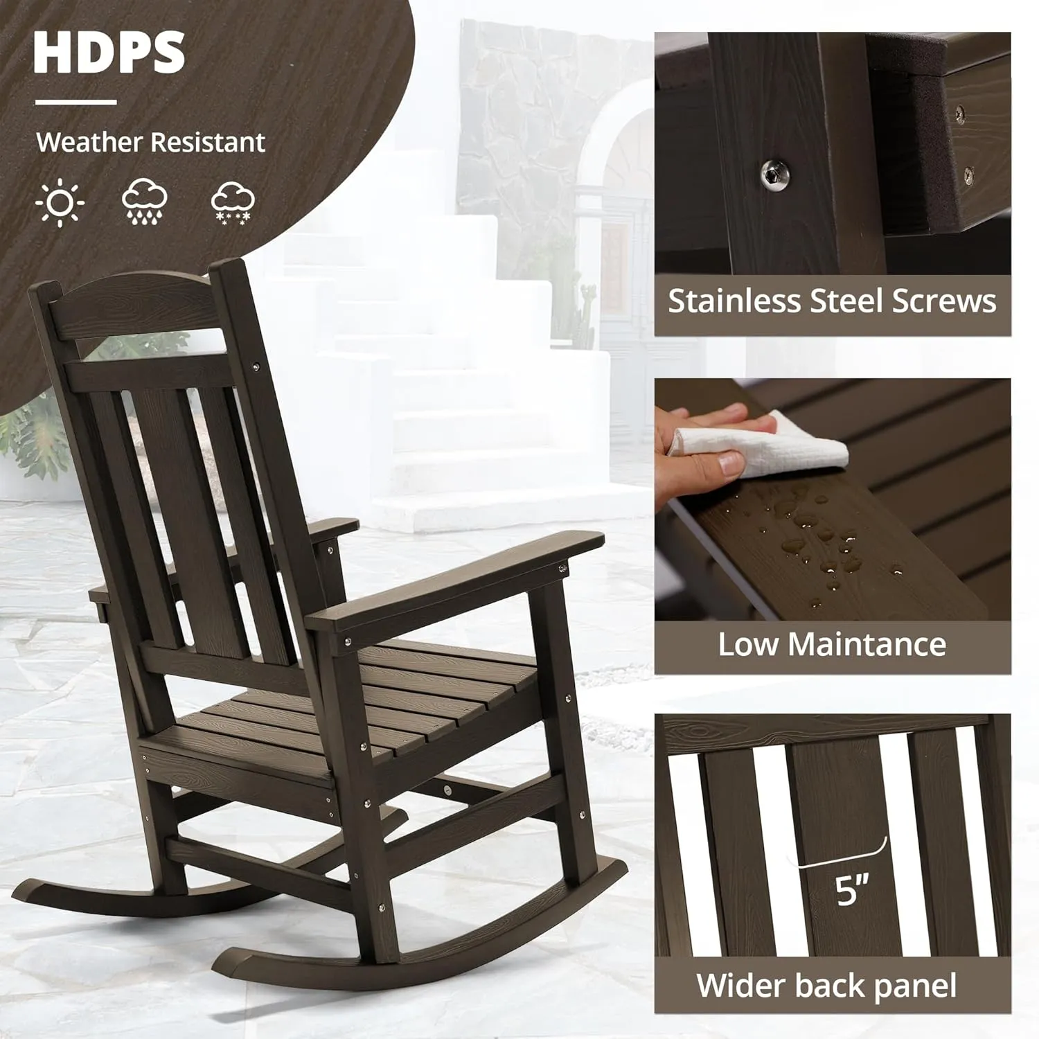LUE BONA Outdoor Rocking Chairs Set of 2, Weather Resistant HDPS Poly Rocker Chairs, 350lb Heavy Duty, Oversized Porch Rocker for Adult, High Back Smooth Rocking Chair for Outdoor & Indoor, Brown