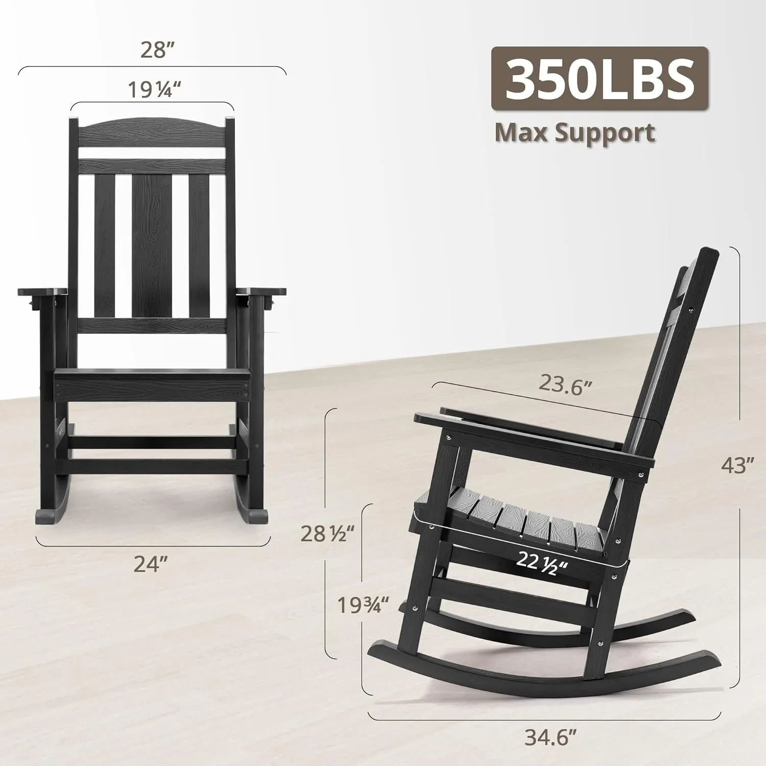 LUE BONA Outdoor Rocking Chairs Set of 2, Weather Resistant HDPS Poly Rocker Chairs, 350lb Heavy Duty, Oversized Porch Rocker for Adult, High Back Smooth Rocking Chairs for Outdoor & Indoor, Gray