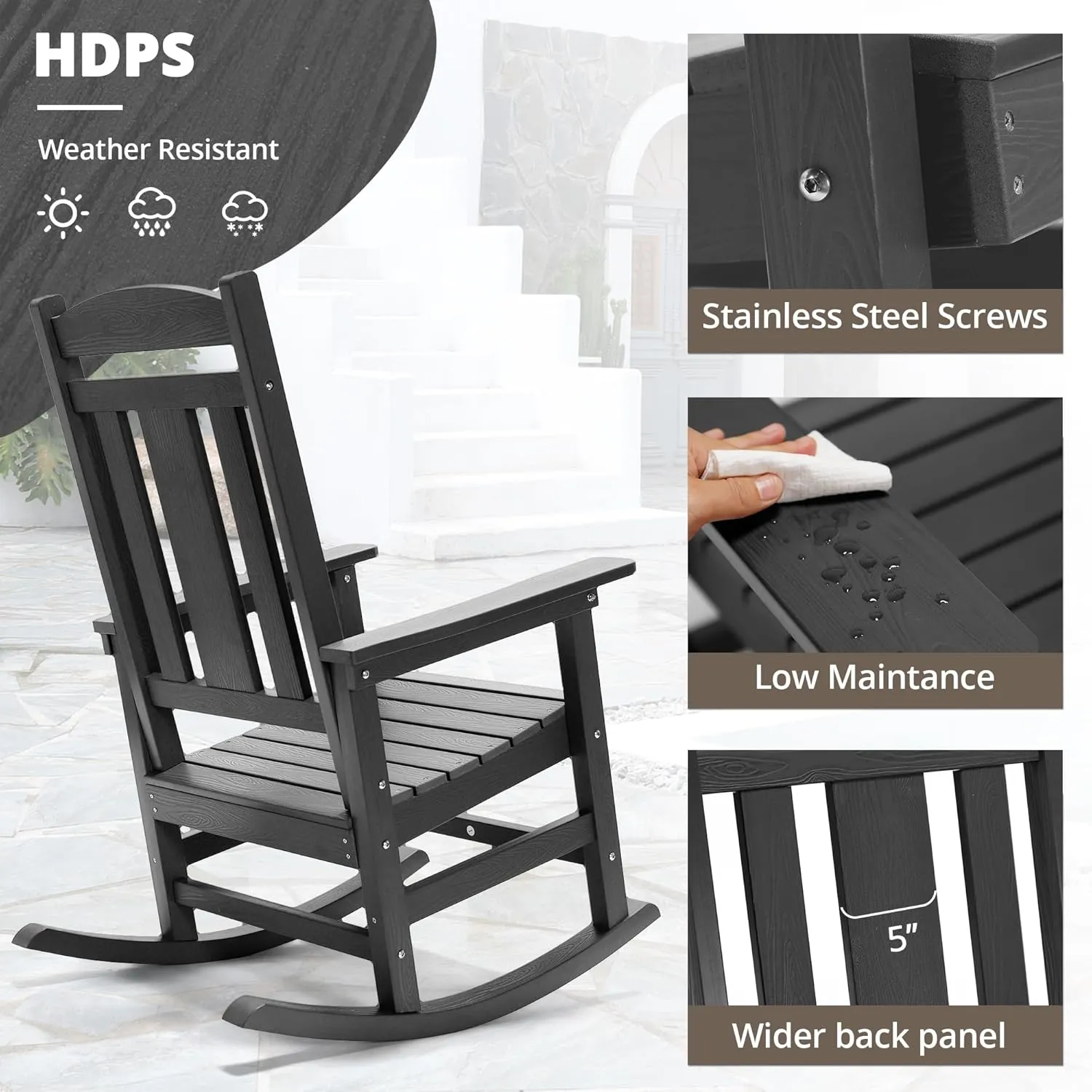 LUE BONA Outdoor Rocking Chairs Set of 2, Weather Resistant HDPS Poly Rocker Chairs, 350lb Heavy Duty, Oversized Porch Rocker for Adult, High Back Smooth Rocking Chairs for Outdoor & Indoor, Gray