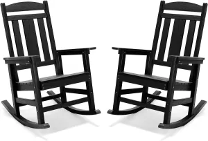 LUE BONA Outdoor Rocking Chairs Set of 2, Weather Resistant Poly Plastic Rocker, 350lb Heavy Duty, Oversized Porch Rocker for Adult, High Back Smooth for Outdoor & Indoor, Black