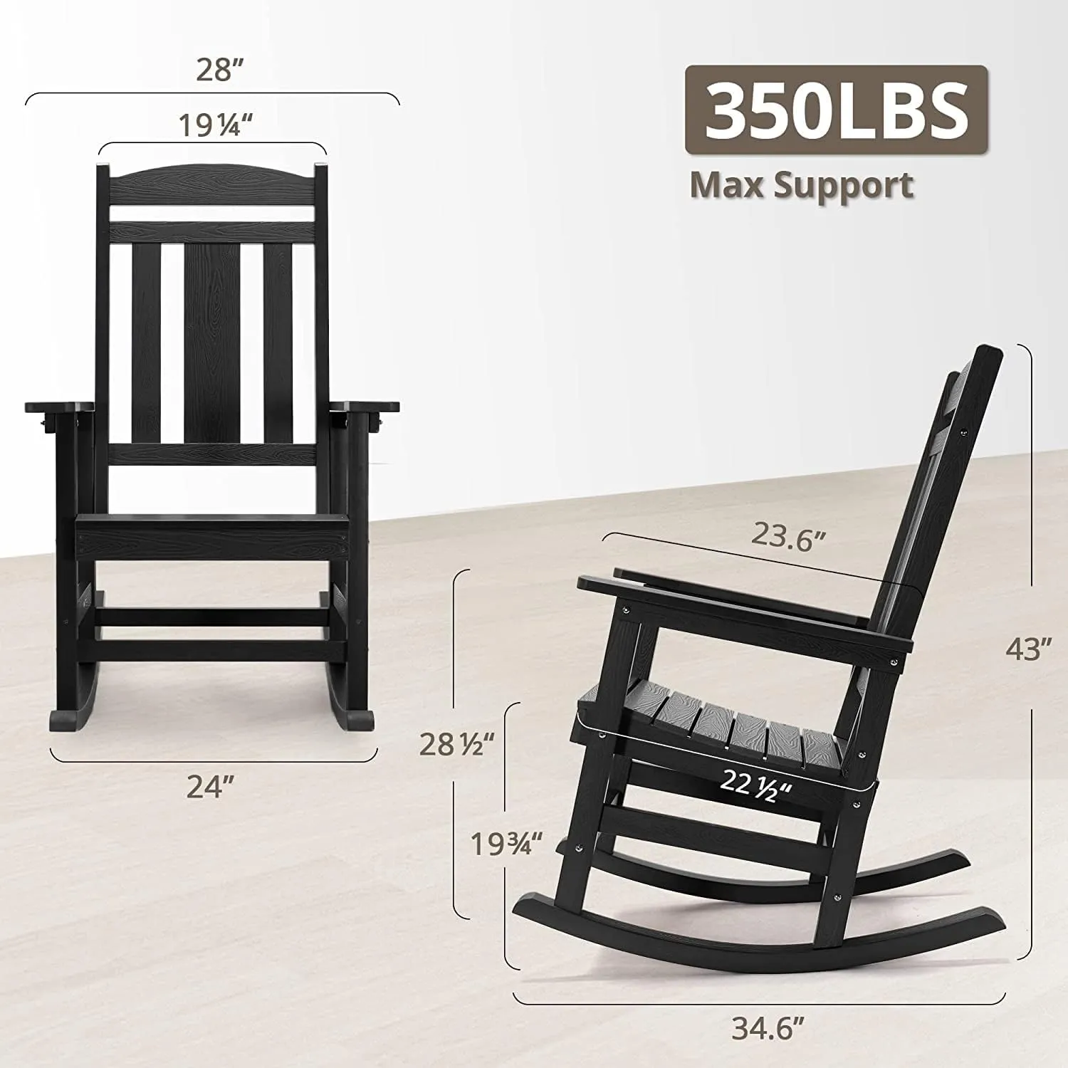 LUE BONA Outdoor Rocking Chairs Set of 2, Weather Resistant Poly Plastic Rocker, 350lb Heavy Duty, Oversized Porch Rocker for Adult, High Back Smooth for Outdoor & Indoor, Black