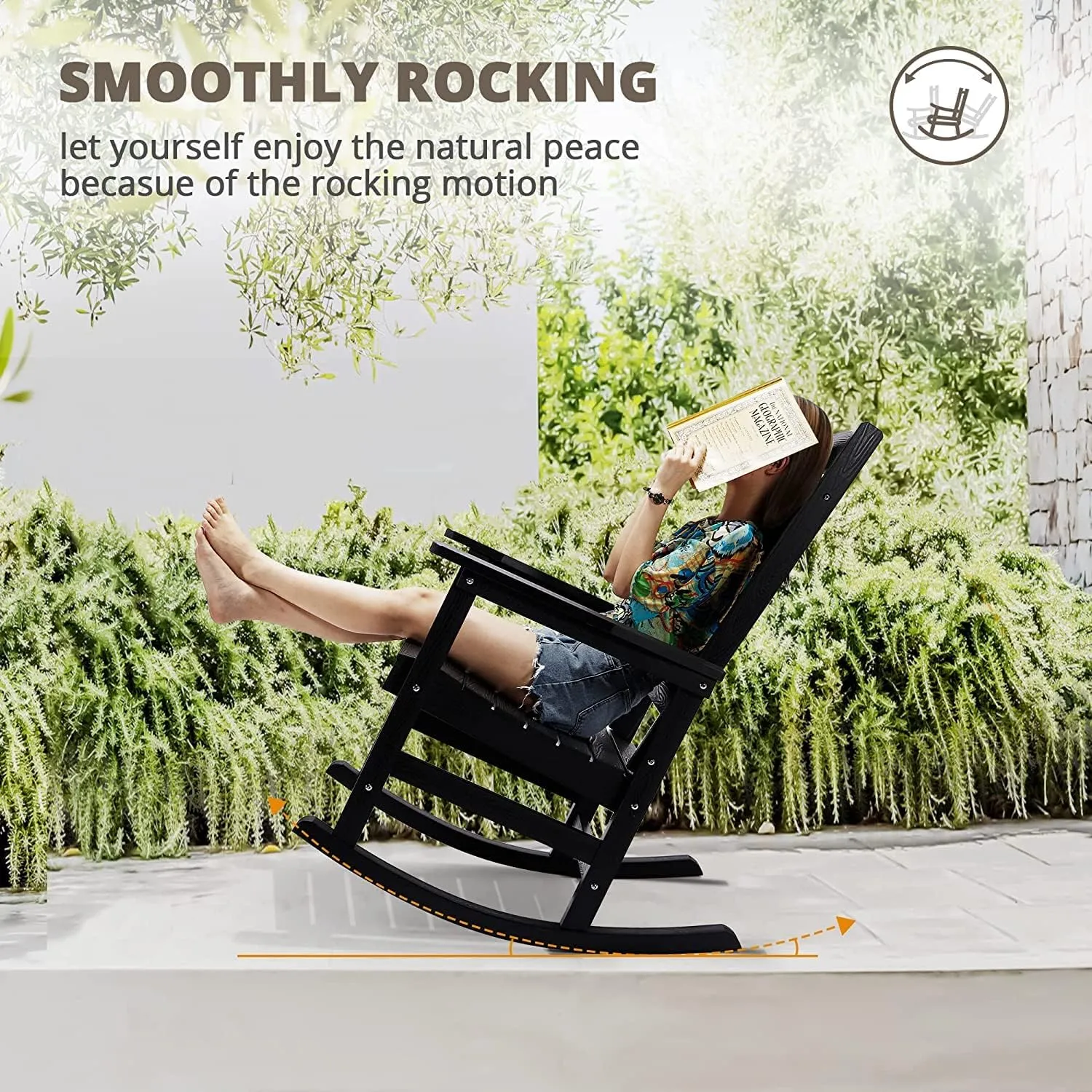 LUE BONA Outdoor Rocking Chairs Set of 2, Weather Resistant Poly Plastic Rocker, 350lb Heavy Duty, Oversized Porch Rocker for Adult, High Back Smooth for Outdoor & Indoor, Black
