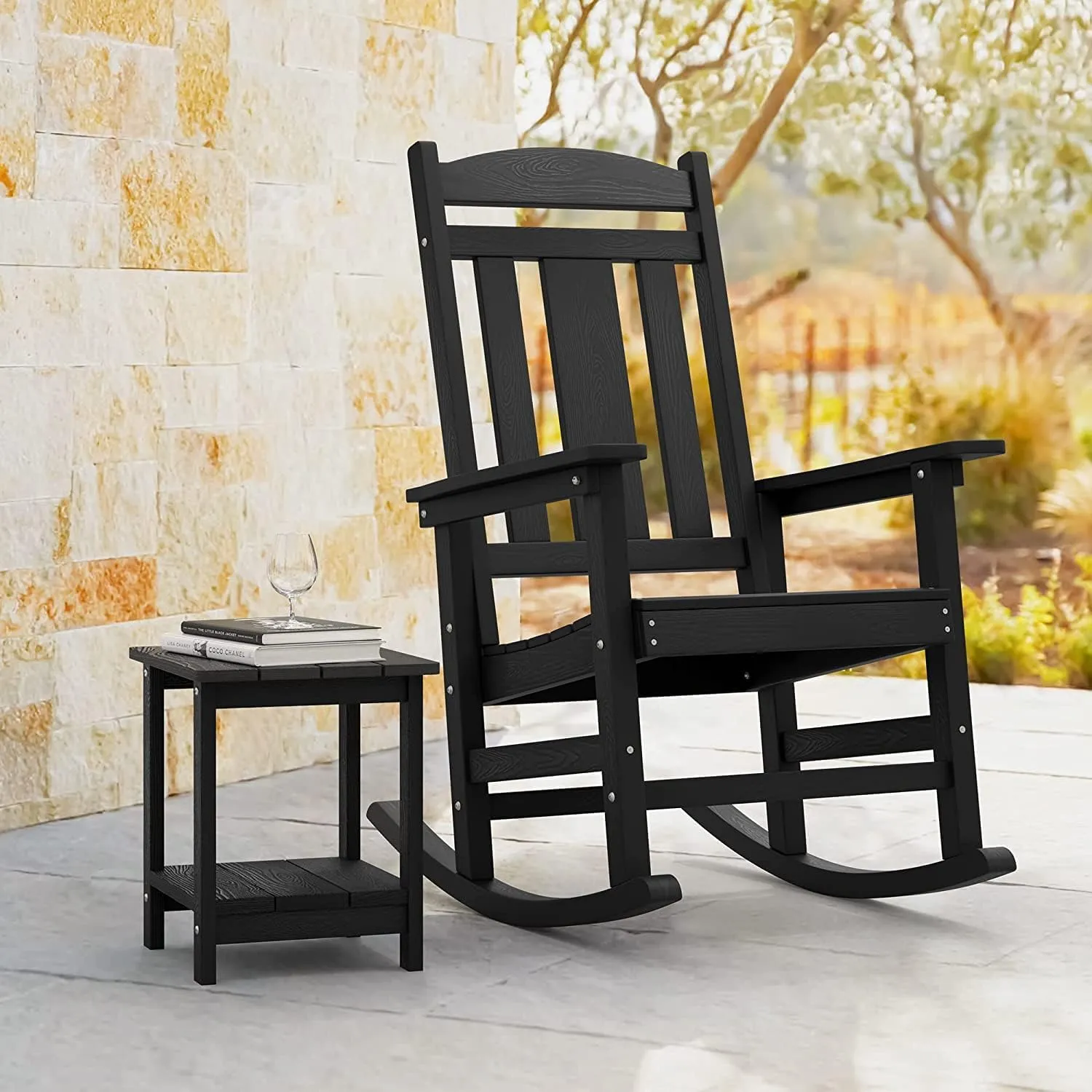 LUE BONA Outdoor Rocking Chairs Set of 2, Weather Resistant Poly Plastic Rocker, 350lb Heavy Duty, Oversized Porch Rocker for Adult, High Back Smooth for Outdoor & Indoor, Black
