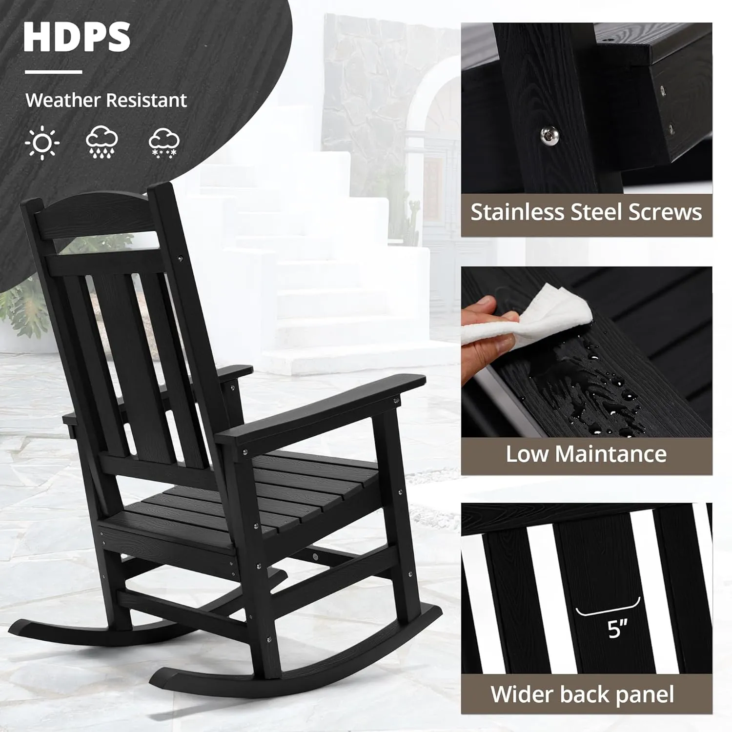 LUE BONA Outdoor Rocking Chairs Set of 2, Weather Resistant Poly Plastic Rocker, 350lb Heavy Duty, Oversized Porch Rocker for Adult, High Back Smooth for Outdoor & Indoor, Black