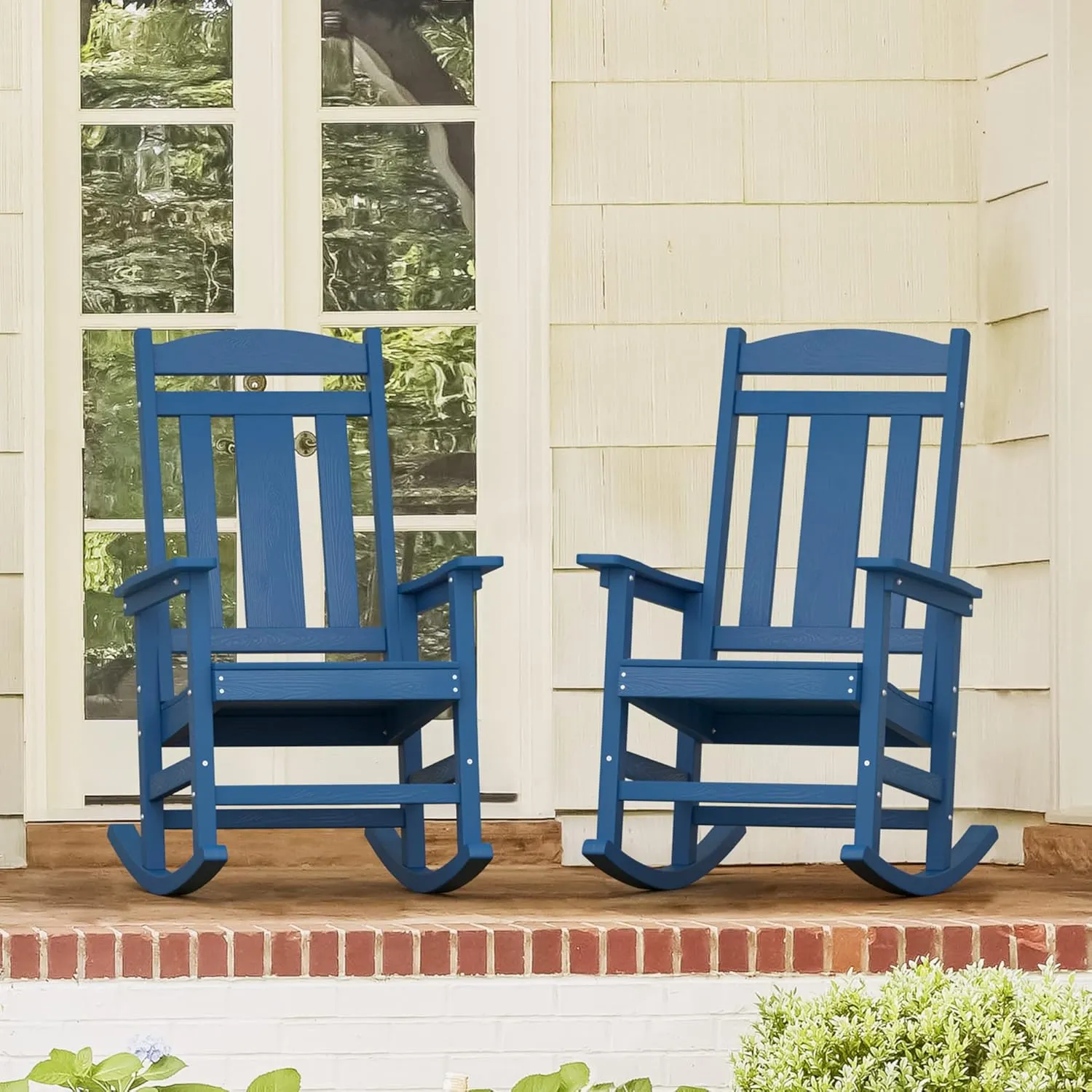 LUE BONA Outdoor Rocking Chairs Set of 2, Weather Resistant Poly Plastic Rocker Chairs, 350lb Heavy Duty, Oversized Porch Rocker for Adult, High Back Smooth Rocking Chairs for Outdoor & Indoor, Blue