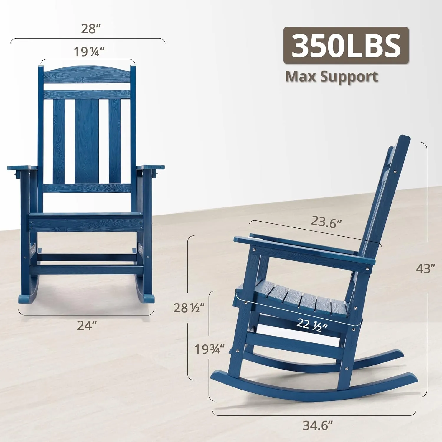 LUE BONA Outdoor Rocking Chairs Set of 2, Weather Resistant Poly Plastic Rocker Chairs, 350lb Heavy Duty, Oversized Porch Rocker for Adult, High Back Smooth Rocking Chairs for Outdoor & Indoor, Blue