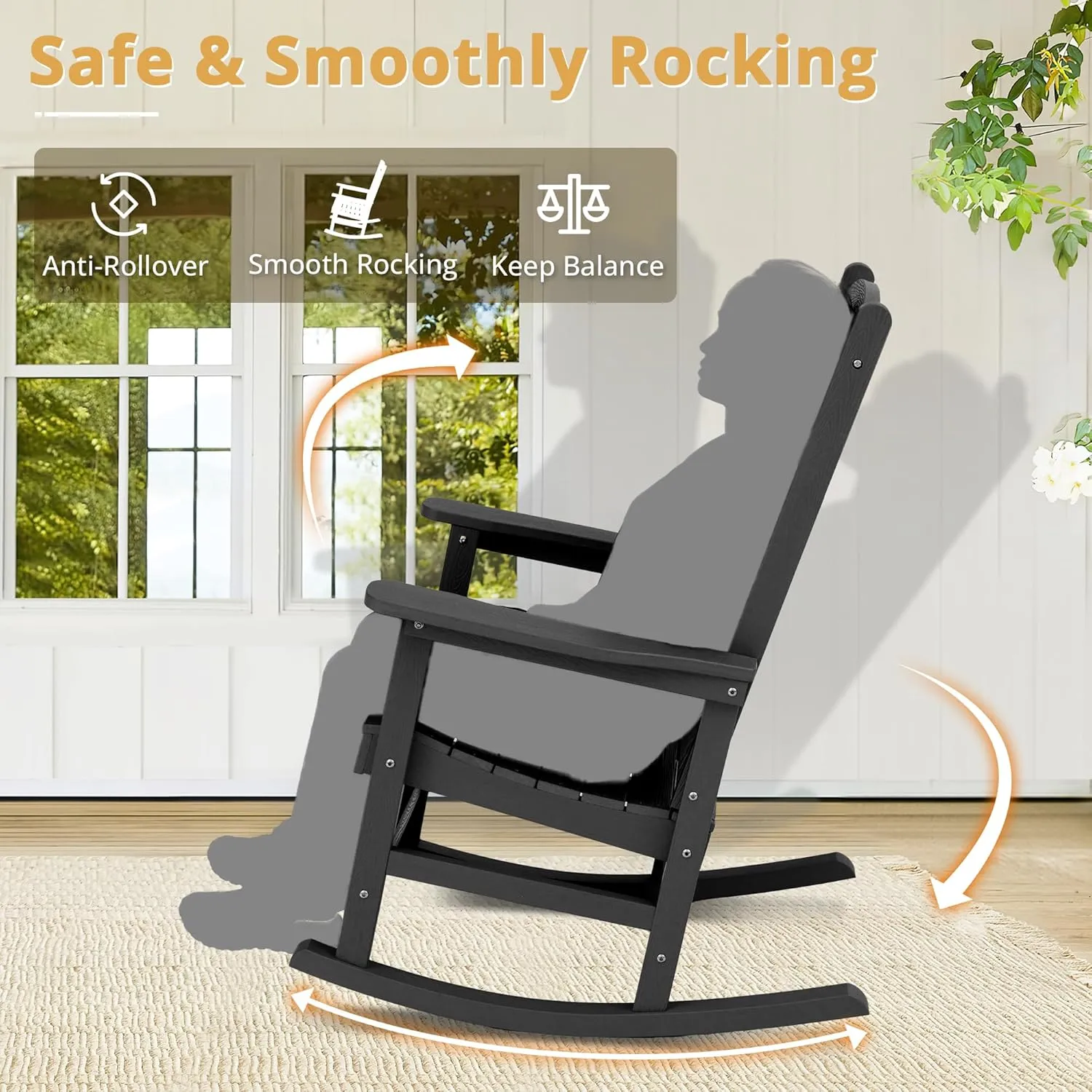 LUE BONA Outdoor Rocking Chairs Set of 3, 2 Chairs & 1 Table HDPS Poly Rocking Chair, All Weather Resistant for Patio, Lawn, Garden, 300LBS, Black