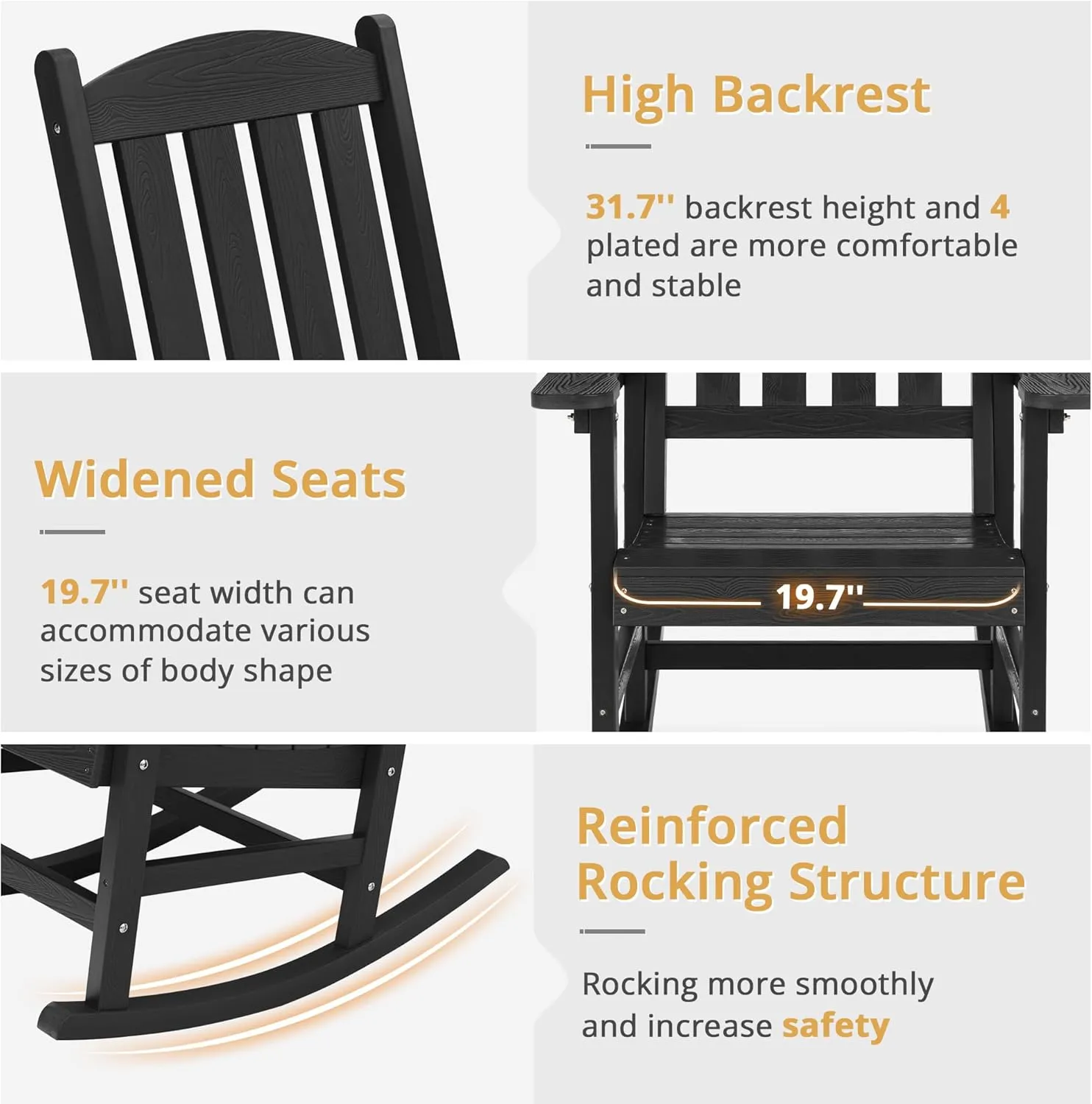 LUE BONA Outdoor Rocking Chairs Set of 3, 2 Chairs & 1 Table HDPS Poly Rocking Chair, All Weather Resistant for Patio, Lawn, Garden, 300LBS, Black