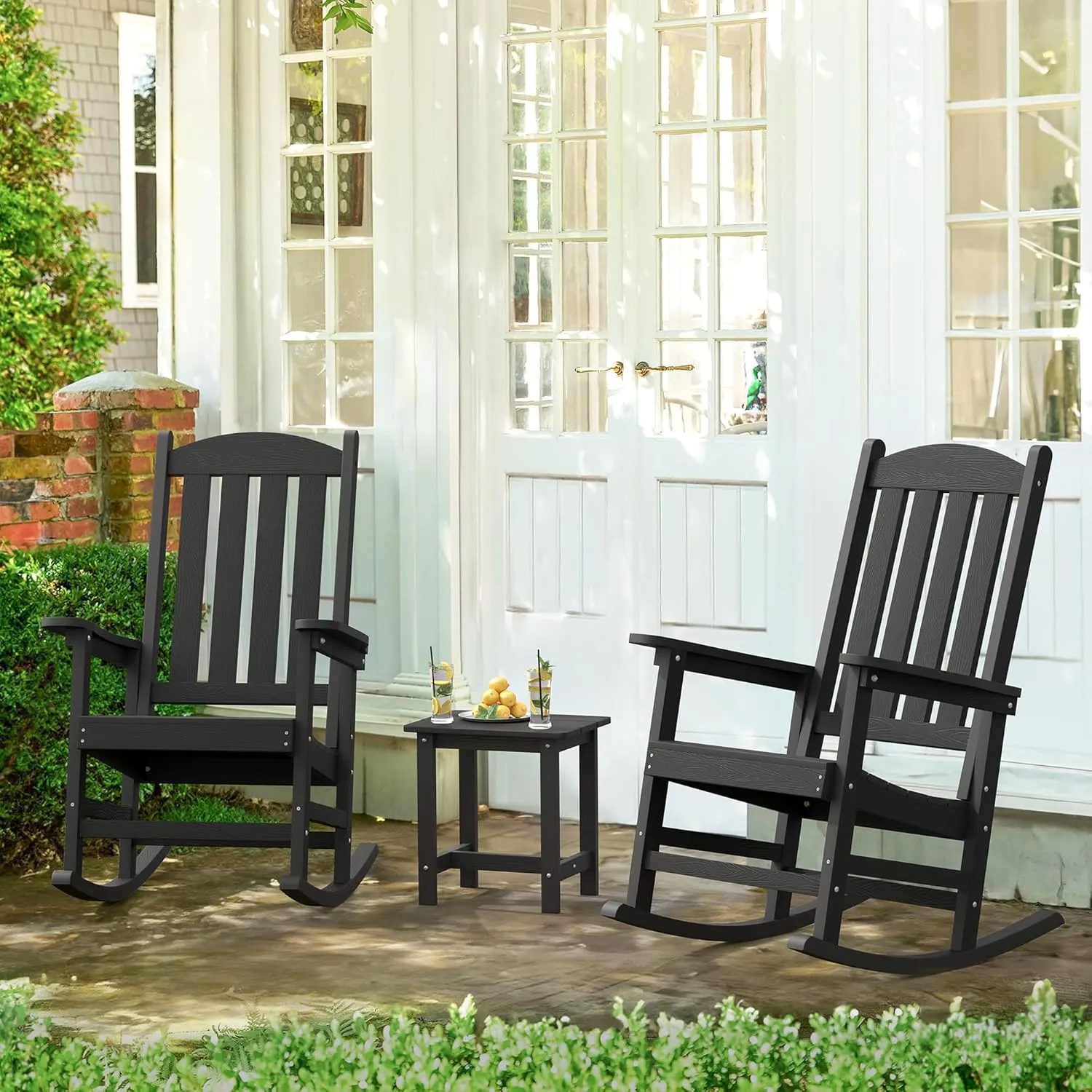 LUE BONA Outdoor Rocking Chairs Set of 3, 2 Chairs & 1 Table HDPS Poly Rocking Chair, All Weather Resistant for Patio, Lawn, Garden, 300LBS, Black