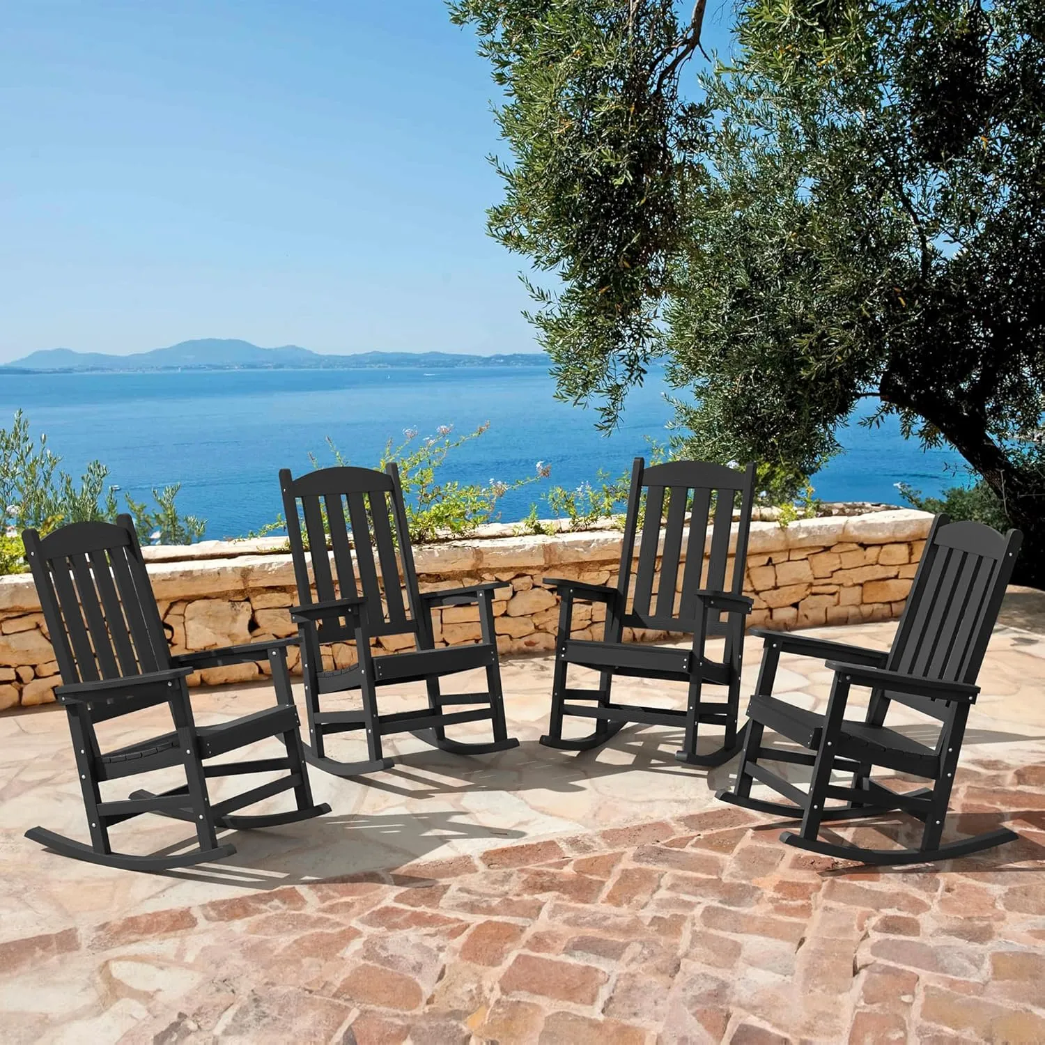 LUE BONA Outdoor Rocking Chairs Set of 3, 2 Chairs & 1 Table HDPS Poly Rocking Chair, All Weather Resistant for Patio, Lawn, Garden, 300LBS, Black