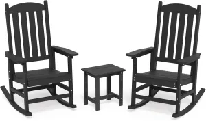LUE BONA Outdoor Rocking Chairs Set of 3, 2 Chairs & 1 Table HDPS Poly Rocking Chair, All Weather Resistant for Patio, Lawn, Garden, 300LBS, Black
