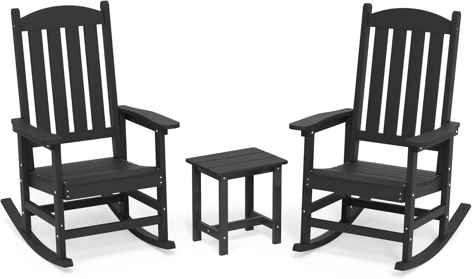 LUE BONA Outdoor Rocking Chairs Set of 3, 2 Chairs & 1 Table HDPS Poly Rocking Chair, All Weather Resistant for Patio, Lawn, Garden, 300LBS, Black