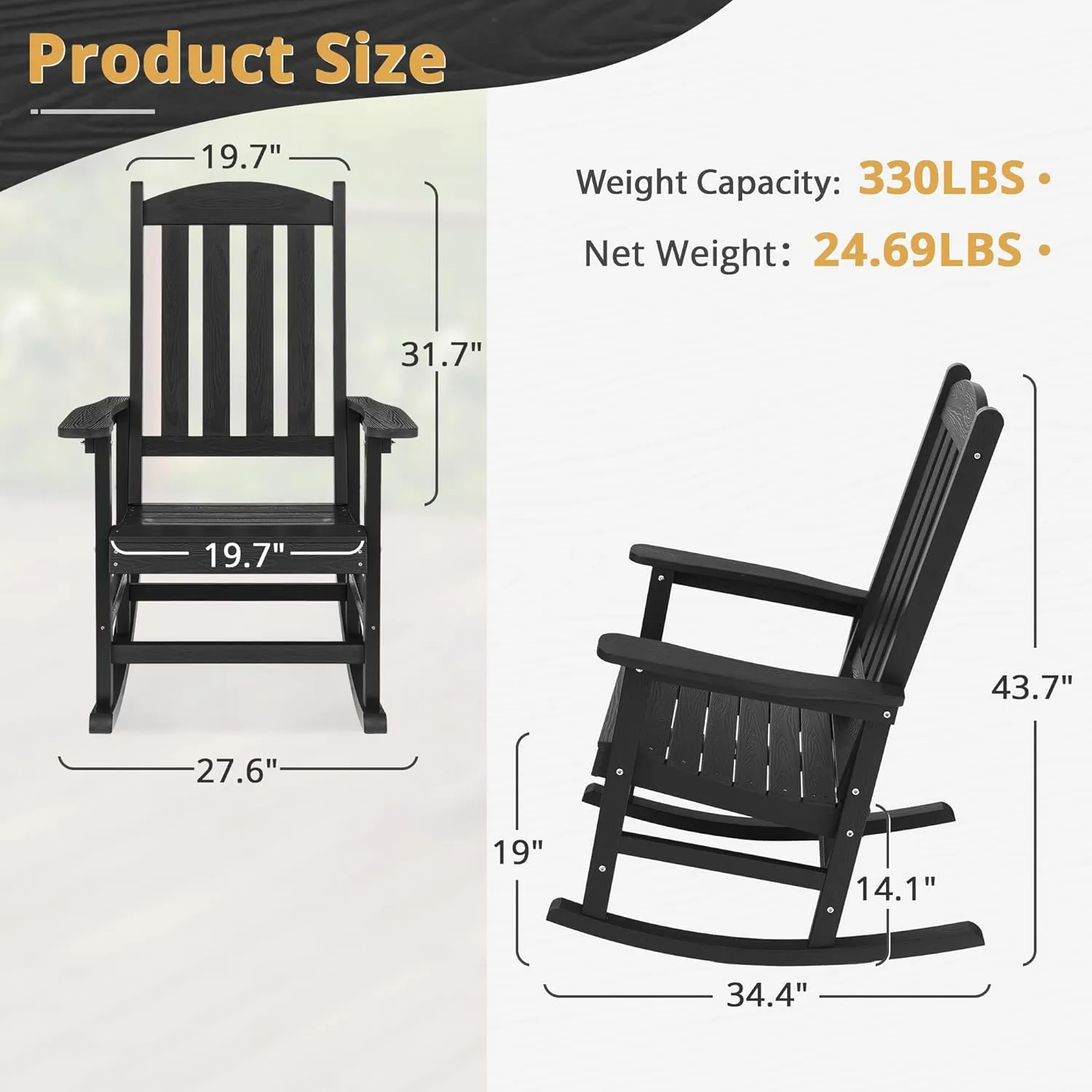 LUE BONA Outdoor Rocking Chairs Set of 3, 2 Chairs & 1 Table HDPS Poly Rocking Chair, All Weather Resistant for Patio, Lawn, Garden, 300LBS, Black