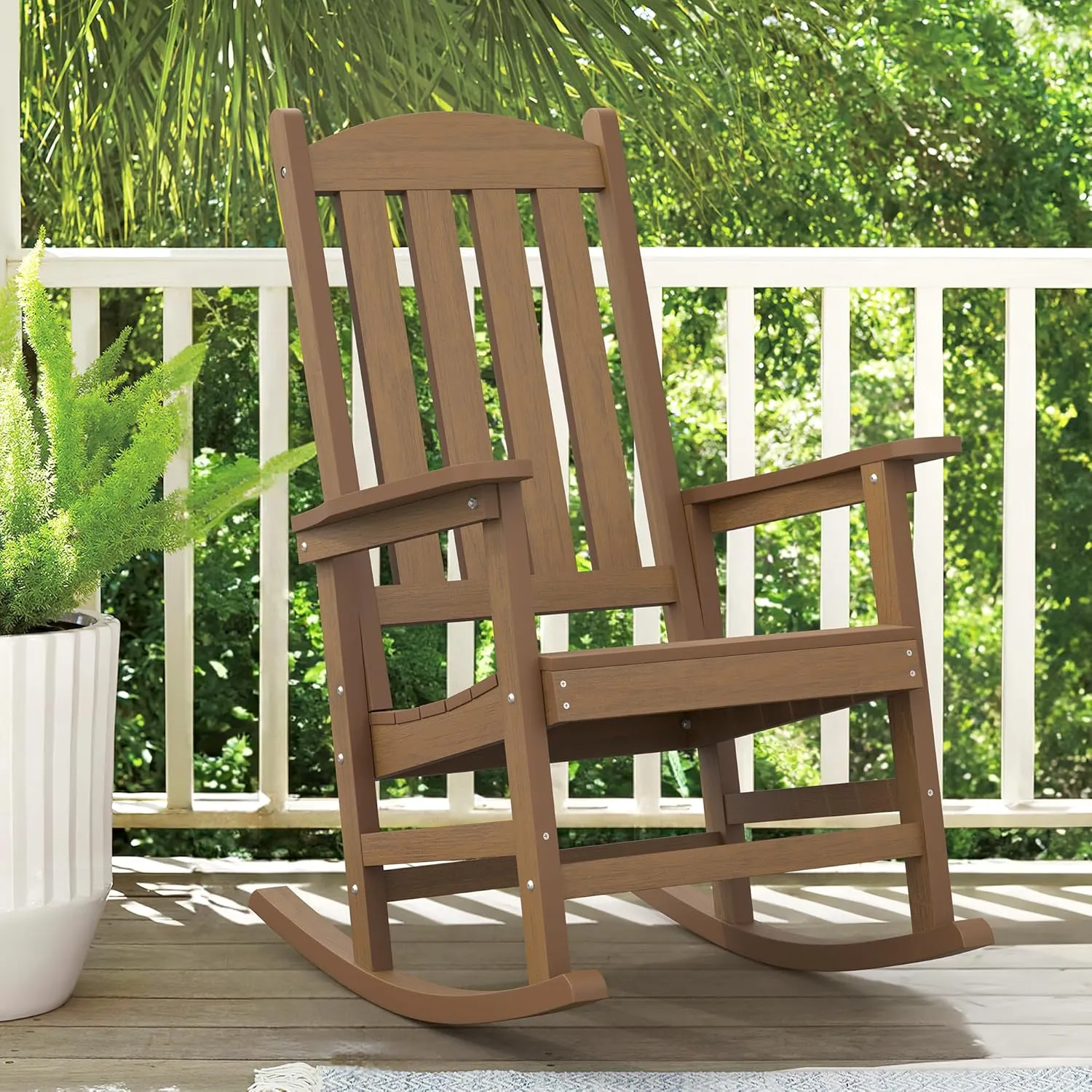 LUE BONA Outdoor Rocking Chairs Set of 3, 2 Chairs & 1 Table HDPS Poly Rocking Chair, All Weather Resistant, Heavy Duty Rocker Chair for Patio, Lawn, Garden, 300LBS, Brown-Oil Printed