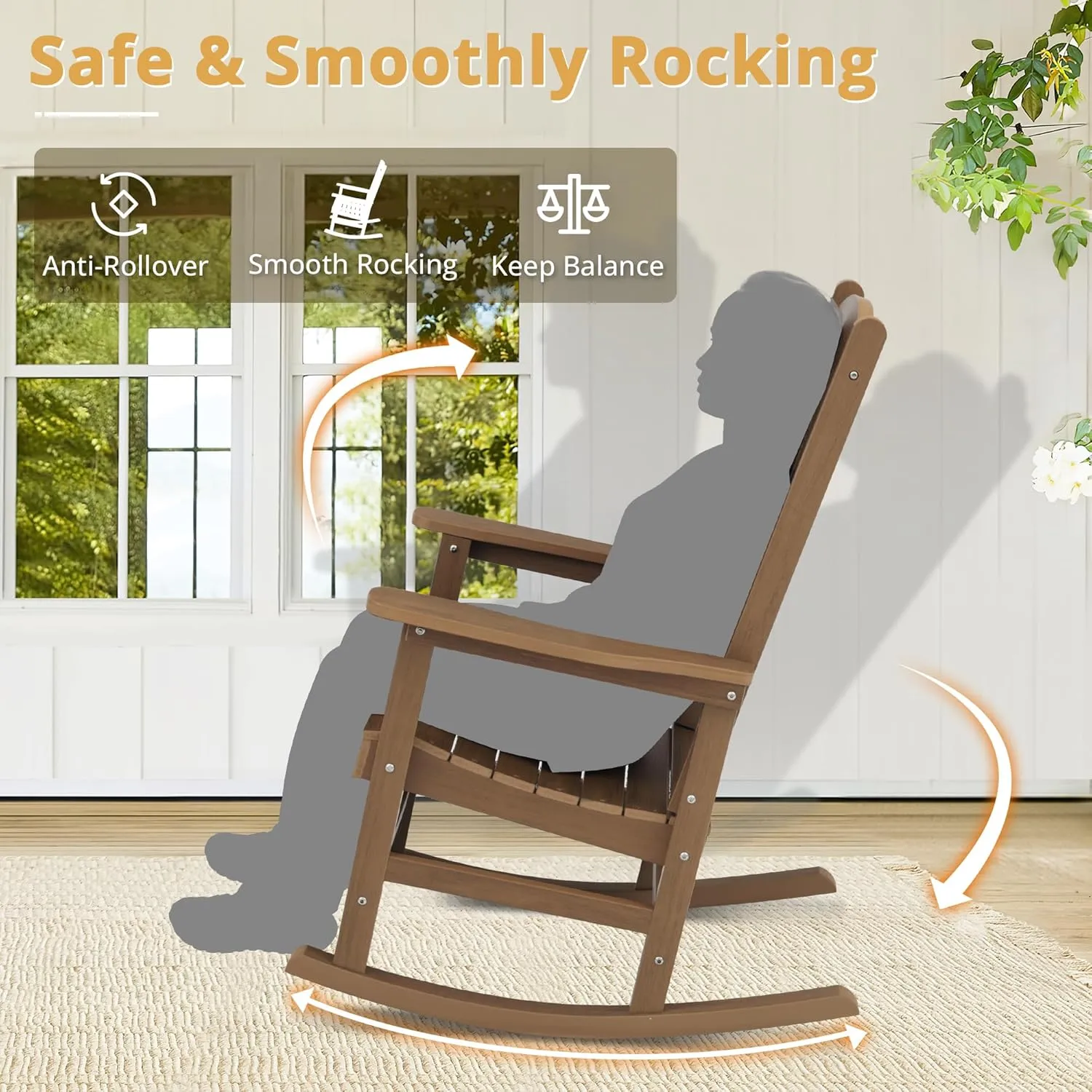 LUE BONA Outdoor Rocking Chairs Set of 3, 2 Chairs & 1 Table HDPS Poly Rocking Chair, All Weather Resistant, Heavy Duty Rocker Chair for Patio, Lawn, Garden, 300LBS, Brown-Oil Printed