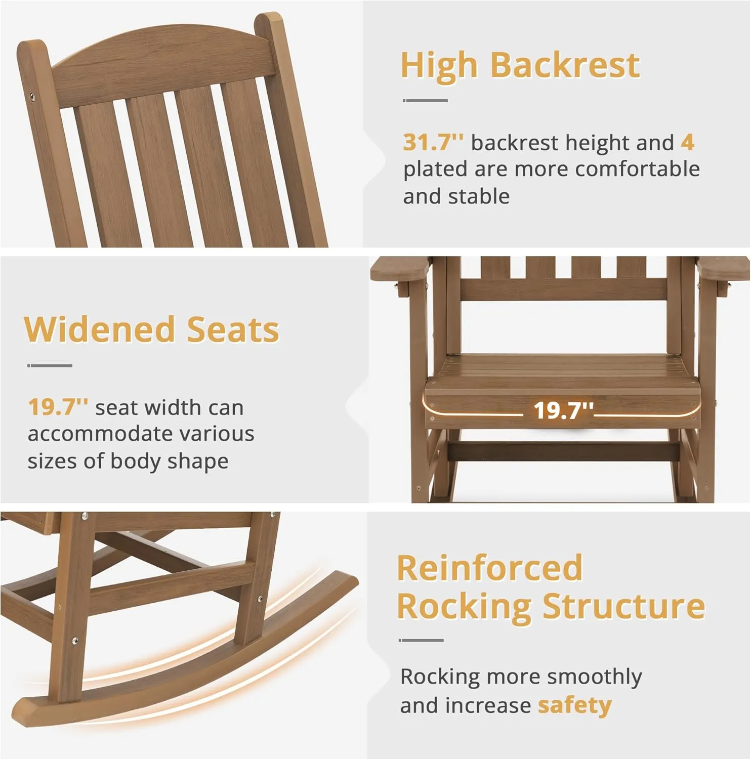 LUE BONA Outdoor Rocking Chairs Set of 3, 2 Chairs & 1 Table HDPS Poly Rocking Chair, All Weather Resistant, Heavy Duty Rocker Chair for Patio, Lawn, Garden, 300LBS, Brown-Oil Printed