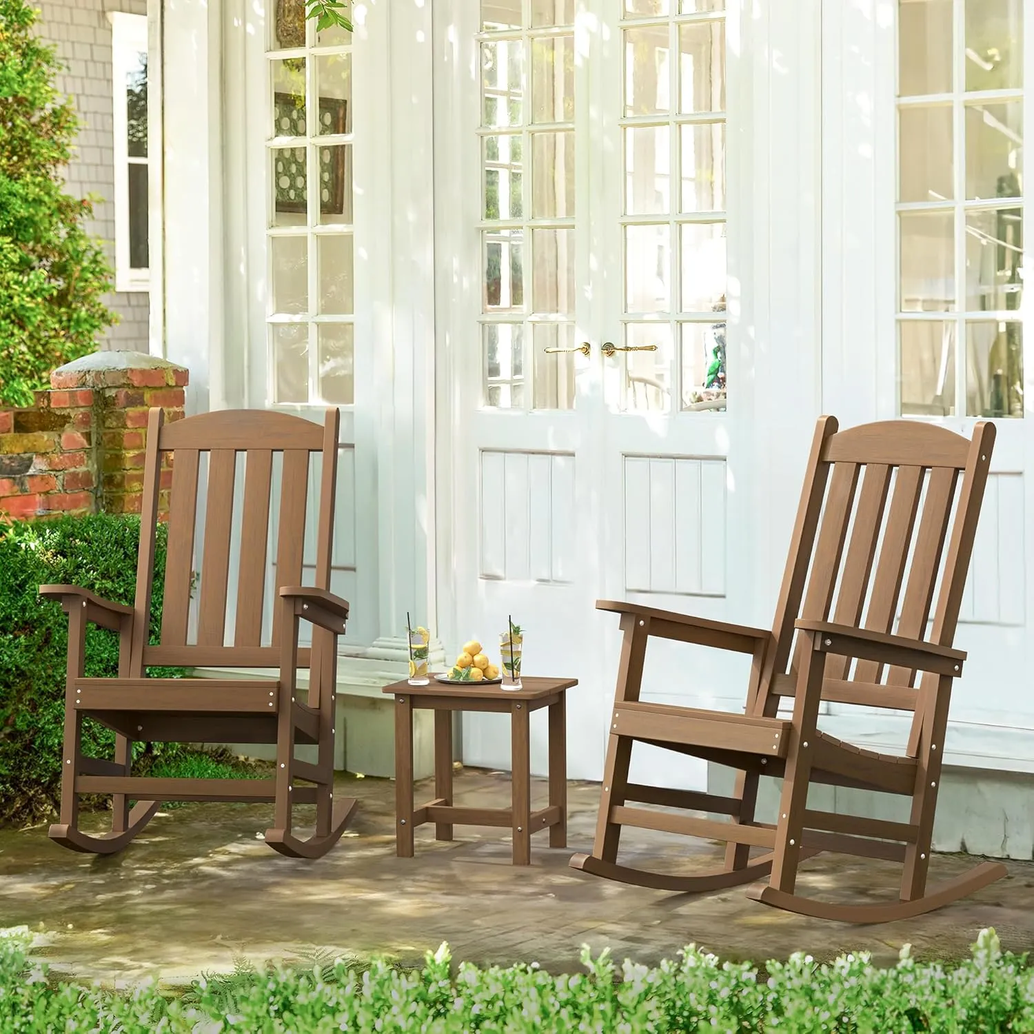 LUE BONA Outdoor Rocking Chairs Set of 3, 2 Chairs & 1 Table HDPS Poly Rocking Chair, All Weather Resistant, Heavy Duty Rocker Chair for Patio, Lawn, Garden, 300LBS, Brown-Oil Printed