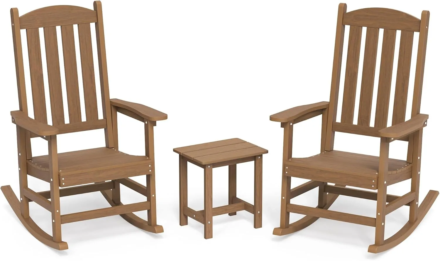 LUE BONA Outdoor Rocking Chairs Set of 3, 2 Chairs & 1 Table HDPS Poly Rocking Chair, All Weather Resistant, Heavy Duty Rocker Chair for Patio, Lawn, Garden, 300LBS, Brown-Oil Printed