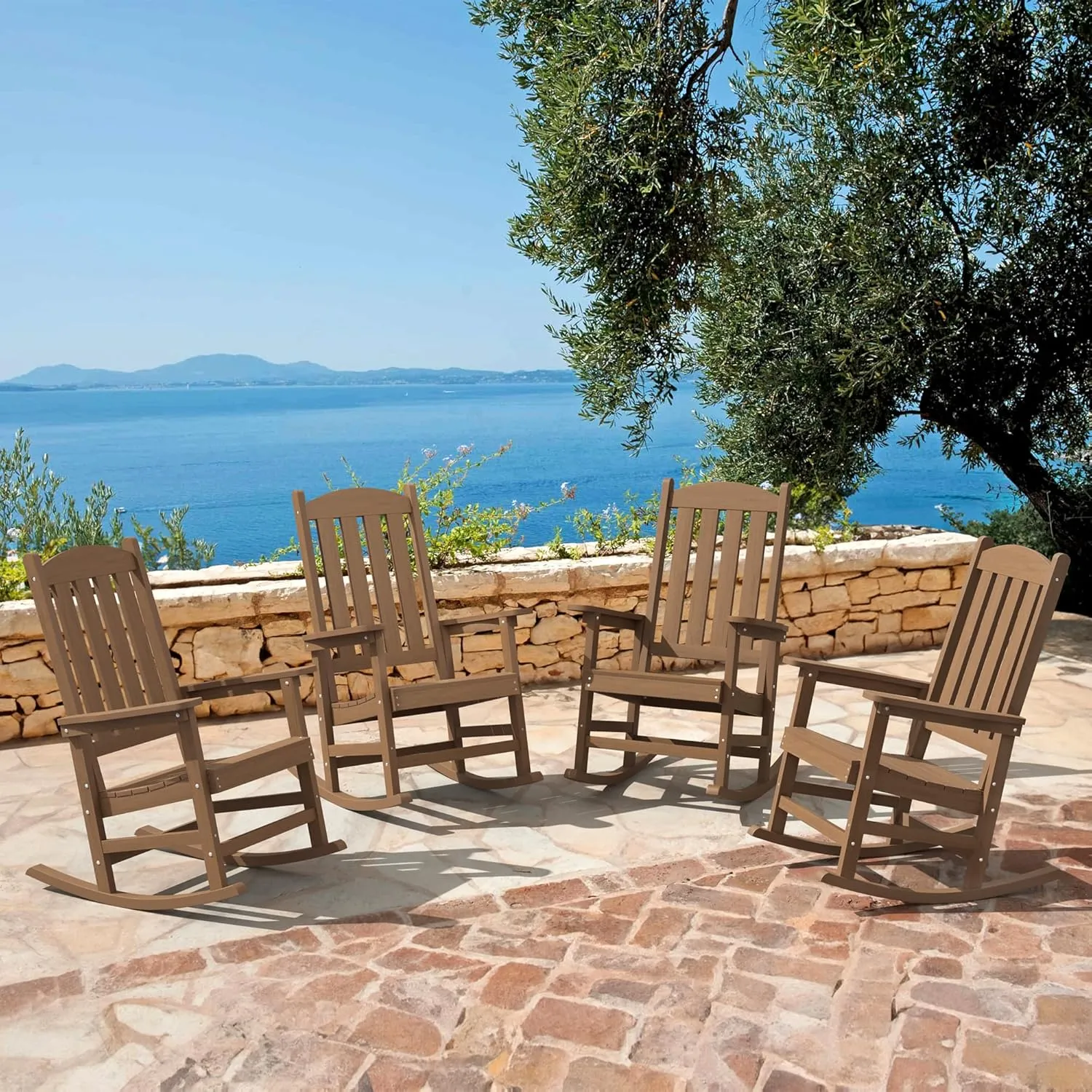 LUE BONA Outdoor Rocking Chairs Set of 3, 2 Chairs & 1 Table HDPS Poly Rocking Chair, All Weather Resistant, Heavy Duty Rocker Chair for Patio, Lawn, Garden, 300LBS, Brown-Oil Printed