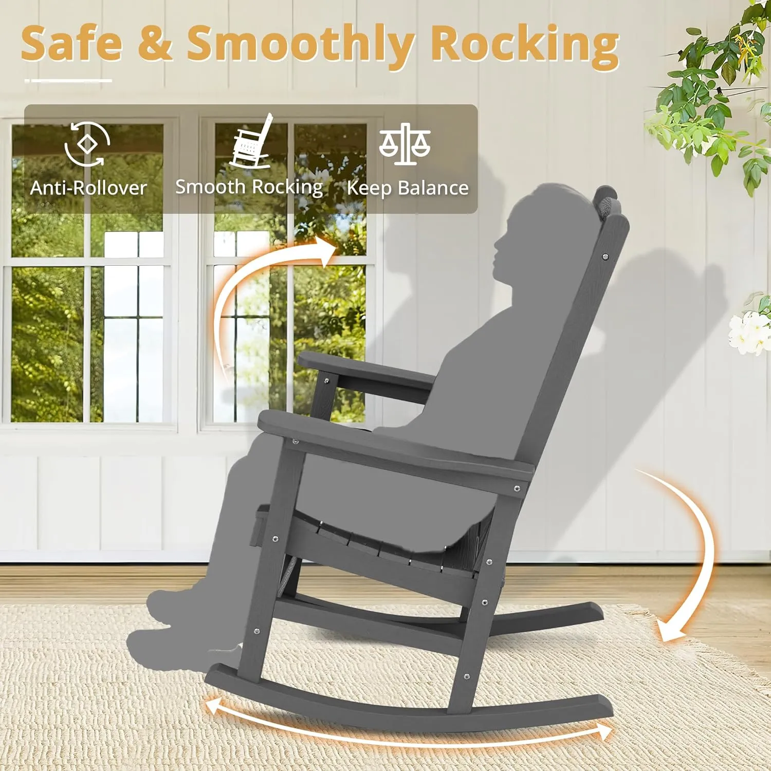 LUE BONA Outdoor Rocking Chairs Set of 3, 2 Chairs & 1 Table HDPS Poly Rocking Chair, All Weather Resistant, Heavy Duty Rocker Chair for Patio, Lawn, Garden, 300LBS, Dark Gray