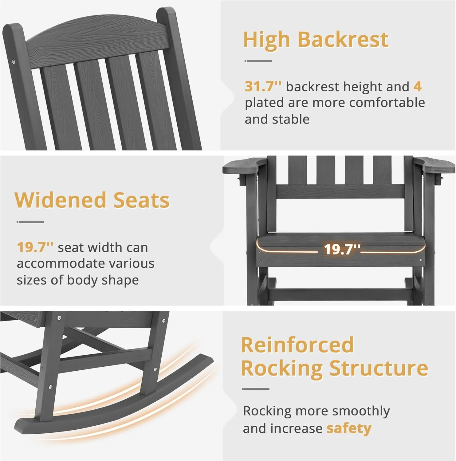 LUE BONA Outdoor Rocking Chairs Set of 3, 2 Chairs & 1 Table HDPS Poly Rocking Chair, All Weather Resistant, Heavy Duty Rocker Chair for Patio, Lawn, Garden, 300LBS, Dark Gray