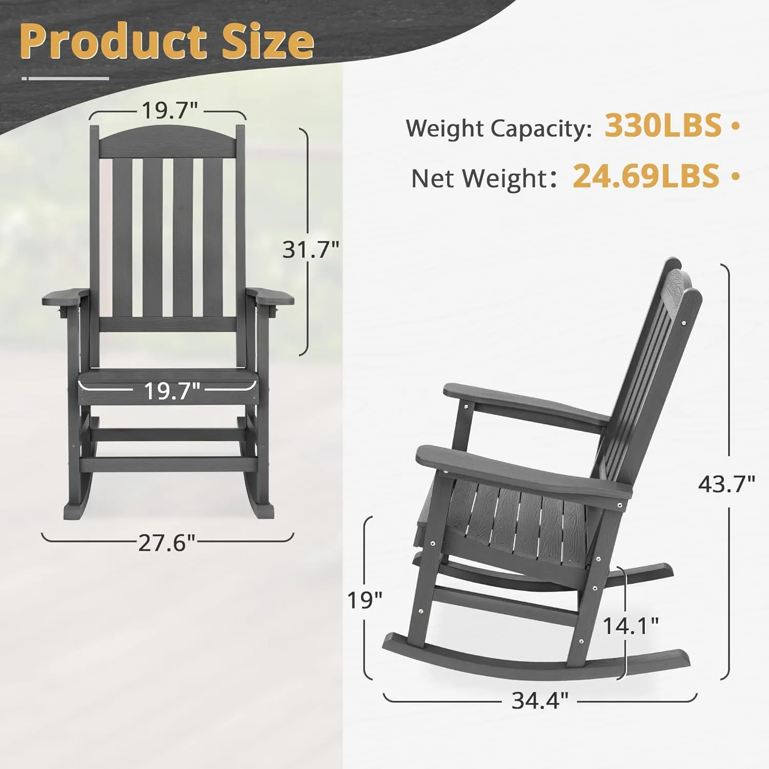 LUE BONA Outdoor Rocking Chairs Set of 3, 2 Chairs & 1 Table HDPS Poly Rocking Chair, All Weather Resistant, Heavy Duty Rocker Chair for Patio, Lawn, Garden, 300LBS, Dark Gray