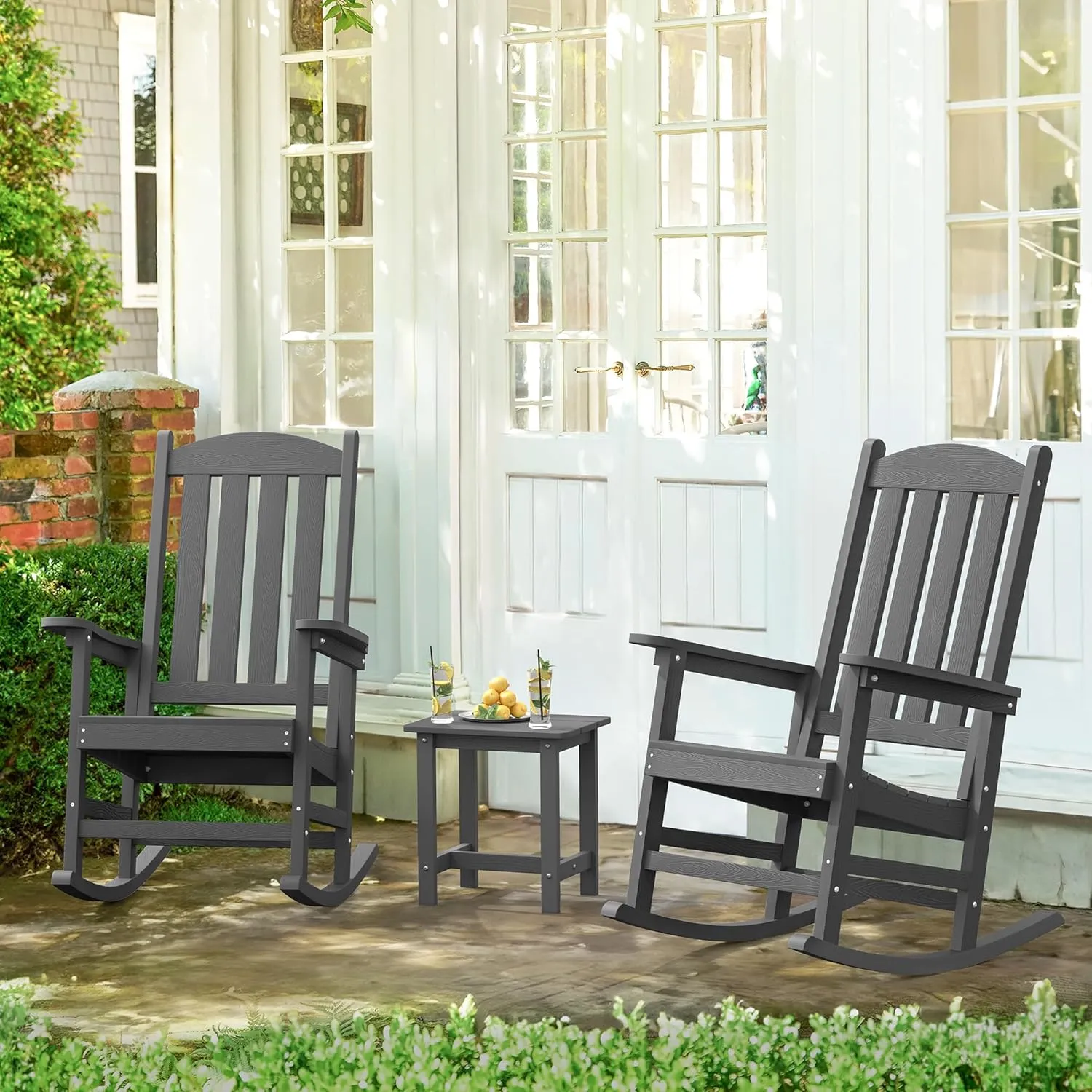 LUE BONA Outdoor Rocking Chairs Set of 3, 2 Chairs & 1 Table HDPS Poly Rocking Chair, All Weather Resistant, Heavy Duty Rocker Chair for Patio, Lawn, Garden, 300LBS, Dark Gray