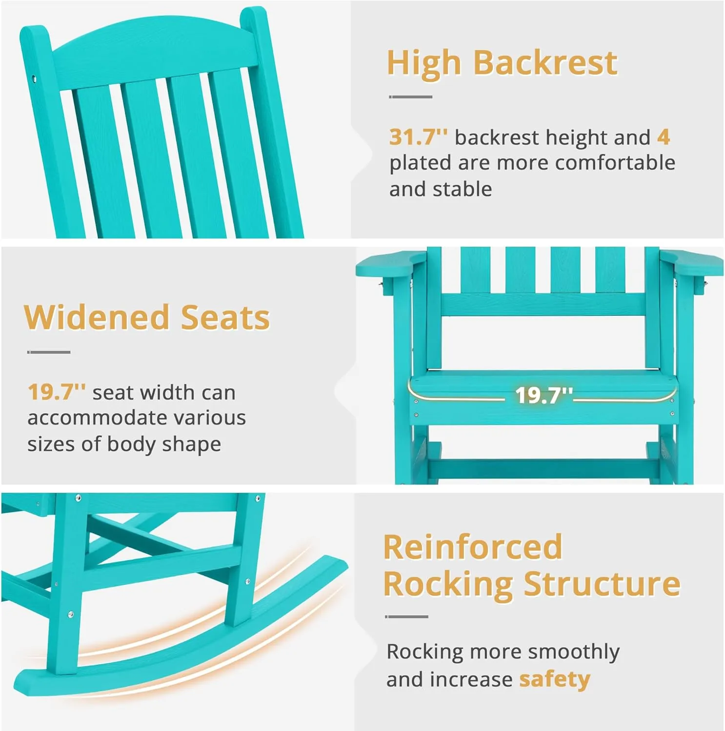 LUE BONA Outdoor Rocking Chairs Set of 3, 2 Chairs & 1 Table HDPS Poly Rocking Chair, All Weather Resistant, Heavy Duty Rocker Chair for Patio, Lawn, Garden, 300LBS,Aruba Blue