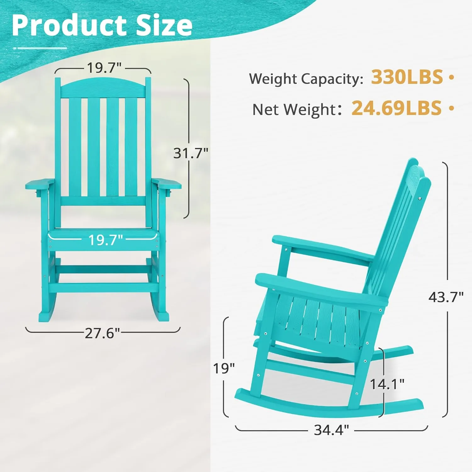 LUE BONA Outdoor Rocking Chairs Set of 3, 2 Chairs & 1 Table HDPS Poly Rocking Chair, All Weather Resistant, Heavy Duty Rocker Chair for Patio, Lawn, Garden, 300LBS,Aruba Blue