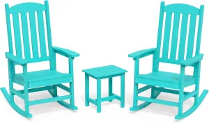 LUE BONA Outdoor Rocking Chairs Set of 3, 2 Chairs & 1 Table HDPS Poly Rocking Chair, All Weather Resistant, Heavy Duty Rocker Chair for Patio, Lawn, Garden, 300LBS,Aruba Blue