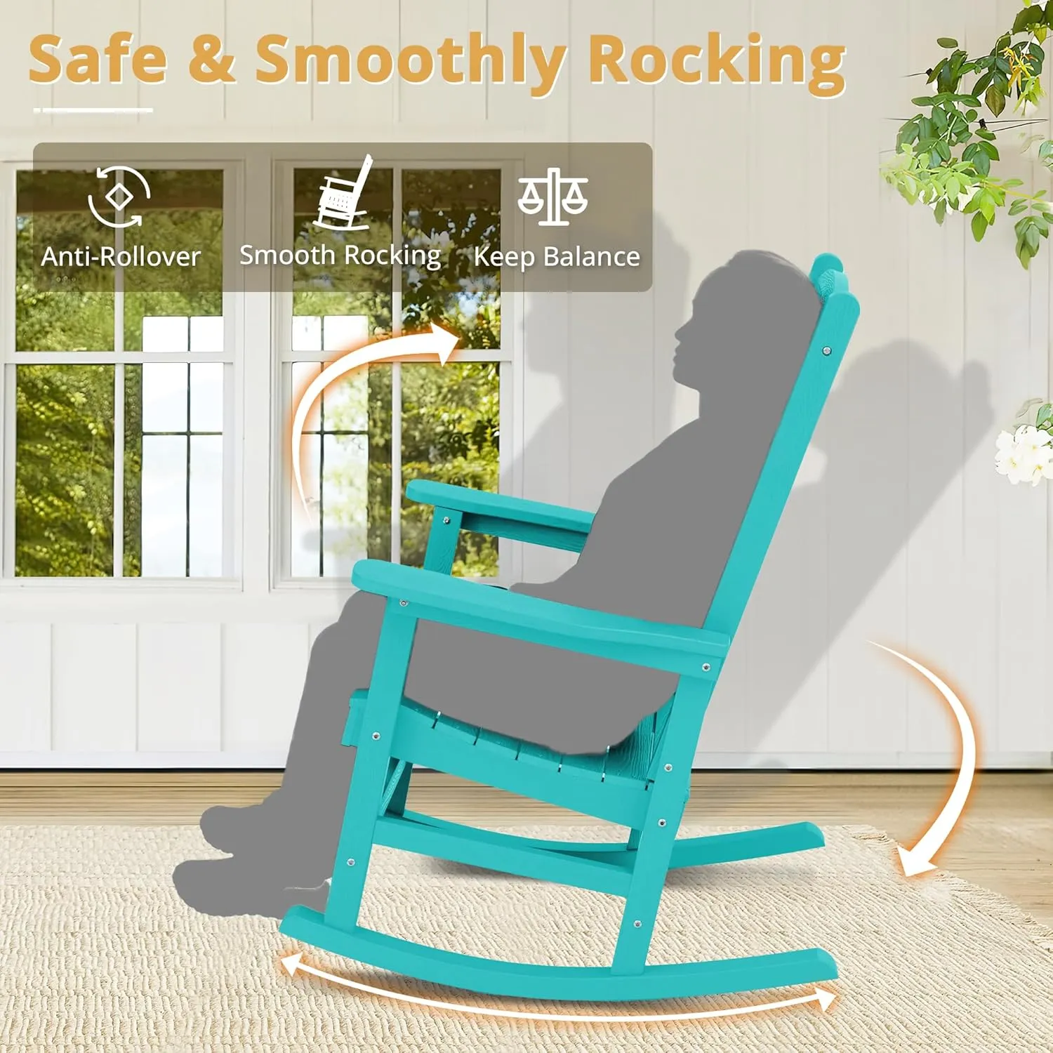 LUE BONA Outdoor Rocking Chairs Set of 3, 2 Chairs & 1 Table HDPS Poly Rocking Chair, All Weather Resistant, Heavy Duty Rocker Chair for Patio, Lawn, Garden, 300LBS,Aruba Blue