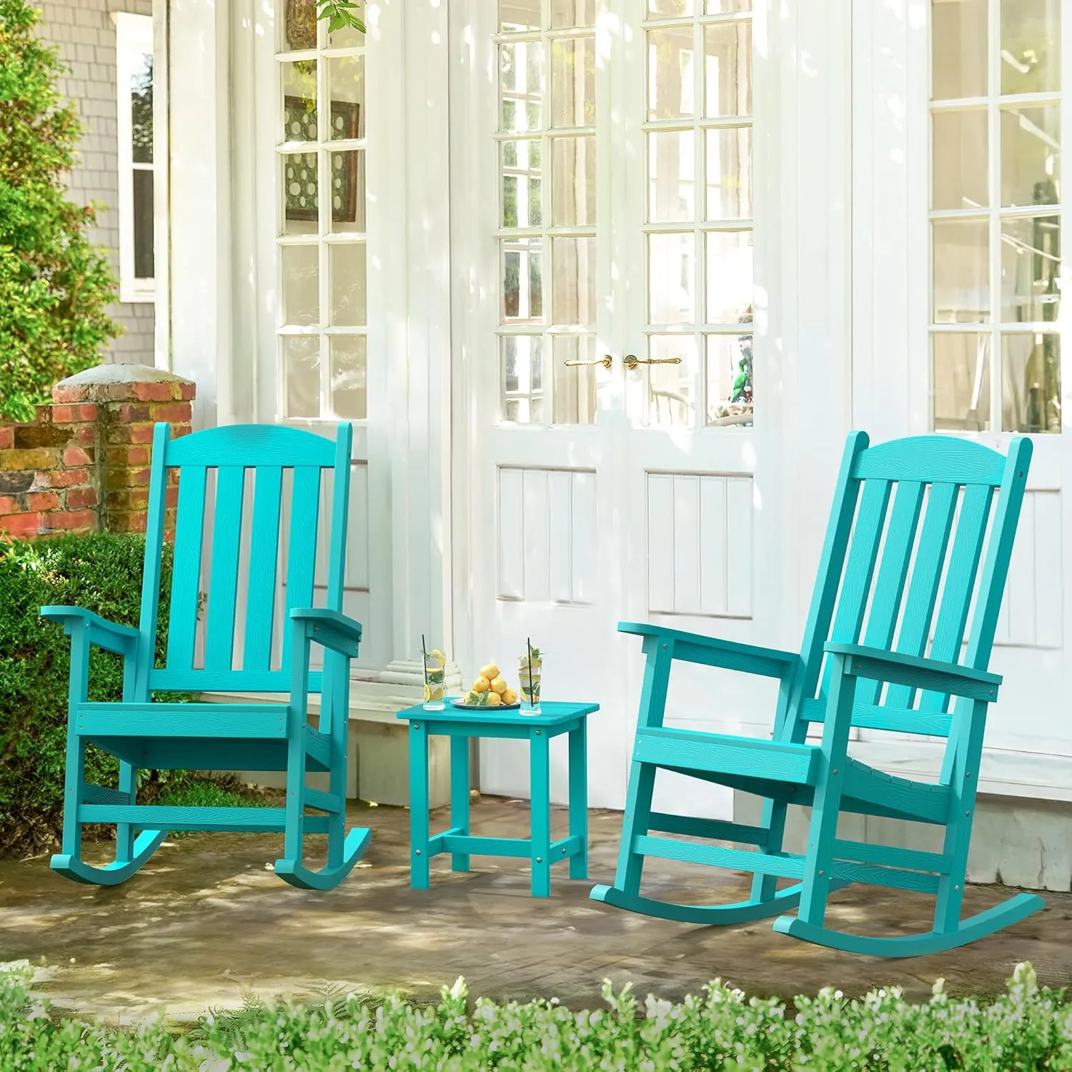 LUE BONA Outdoor Rocking Chairs Set of 3, 2 Chairs & 1 Table HDPS Poly Rocking Chair, All Weather Resistant, Heavy Duty Rocker Chair for Patio, Lawn, Garden, 300LBS,Aruba Blue