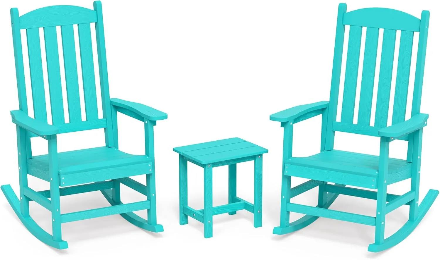 LUE BONA Outdoor Rocking Chairs Set of 3, 2 Chairs & 1 Table HDPS Poly Rocking Chair, All Weather Resistant, Heavy Duty Rocker Chair for Patio, Lawn, Garden, 300LBS,Aruba Blue