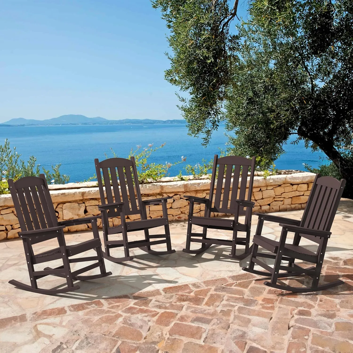 LUE BONA Outdoor Rocking Chairs Set of 3, 2 Chairs & 1 Table HDPS Poly Rocking Chair, All Weather Resistant, Heavy Duty Rocker Chair for Patio, Lawn, Garden, 300LBS,Espresso